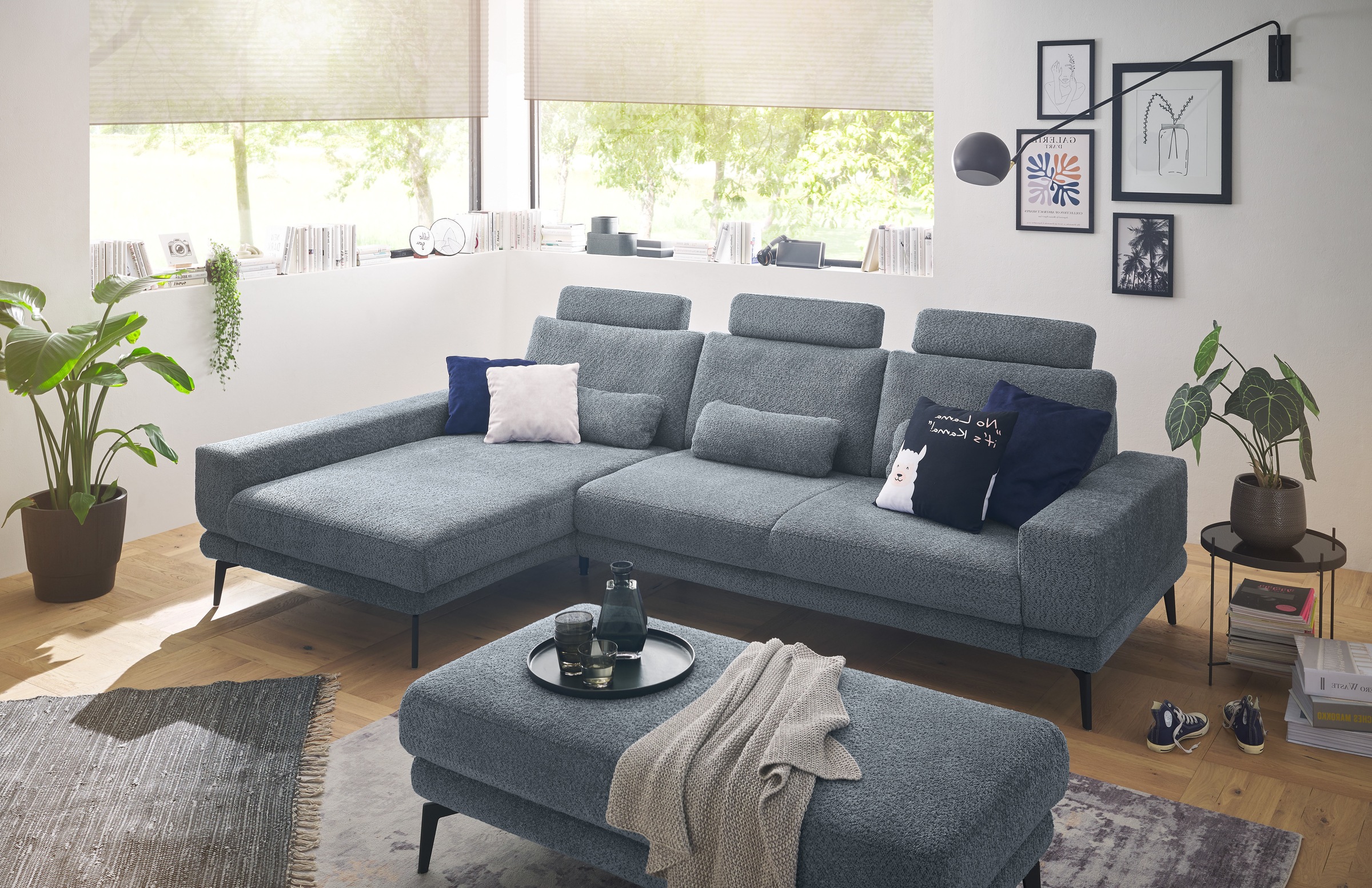 set one by Musterring Ecksofa »SO 3600, inkl motor. Sitztiefenverstellung, Kopfstützen, Nierenkissen«, Sitzhöhe 42 cm, Kaltschaum, Breite 293 x Tiefe 180 cm, Kama blue
