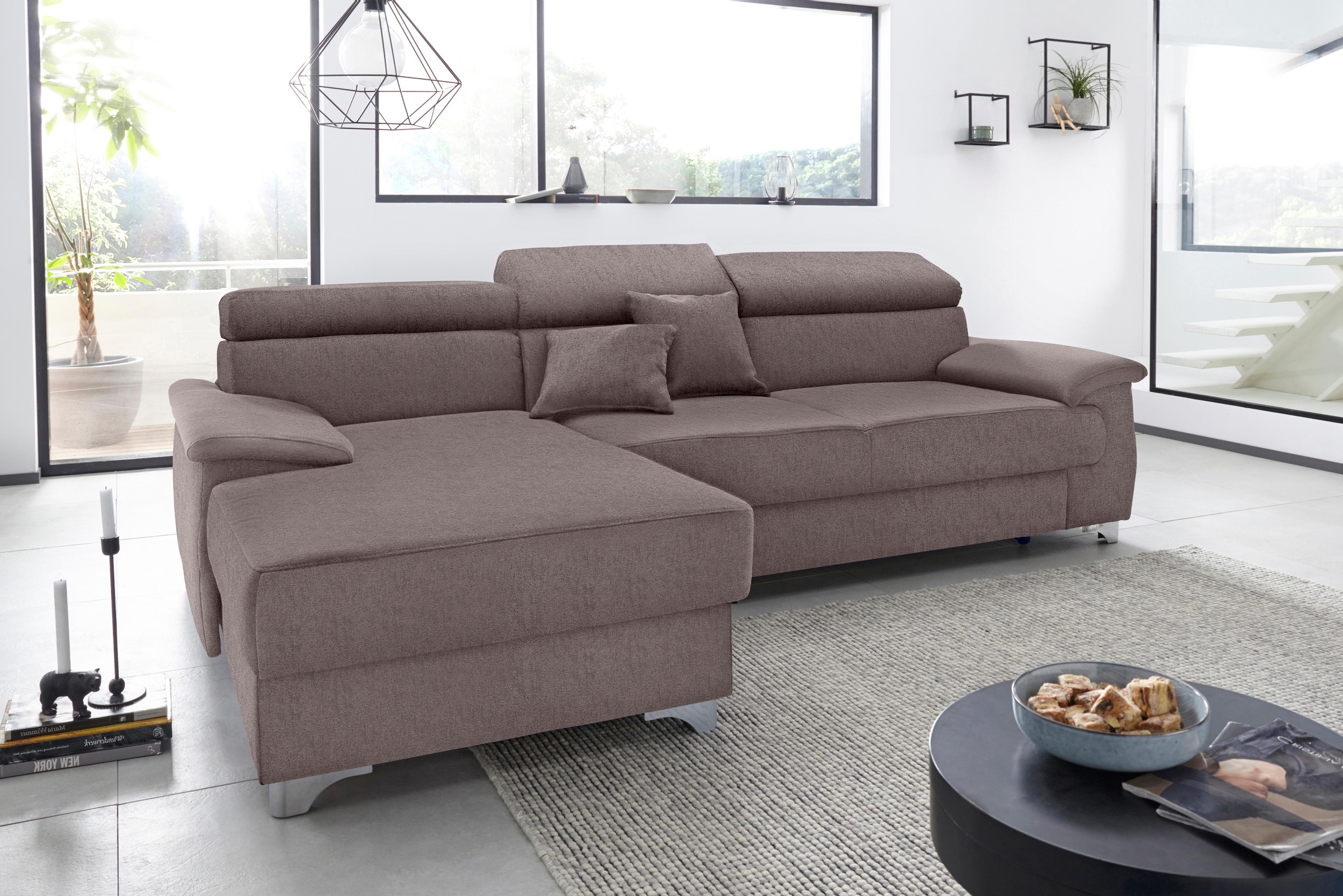 DOMO collection Ecksofa »Mira, inklusive Kopfteilverstellung für mehr Wohlfühlkomfort, L-Form«, wahlweise mit Bettfunktion und Bettkasten, elegant und modern
