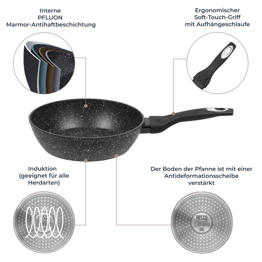 RESTO Kitchenware Bratpfanne »Antlia, tiefe Pfanne mit ergonomischem Soft-Touch-Griff«, Aluminium, (1 tlg.), Marmor-Antihaftbeschichtung, 4-lagig, für alle Herdarten geeignet