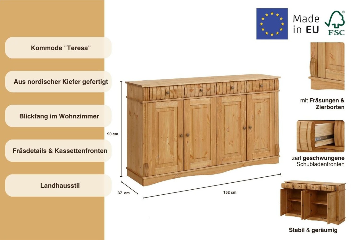 Home affaire Sideboard »Teresa«, (Maße (B/T/H): 152/37/90 cm), Kommode, 4-türig, Breite 152 cm, aus massiver Kiefer, FSC®