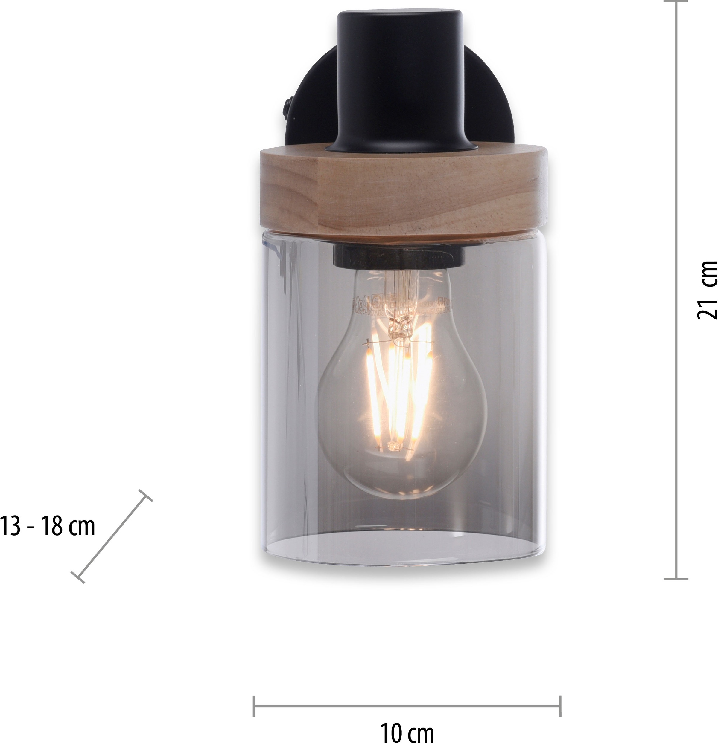 Home affaire Wandleuchte »Tendon«, 1 flammig, Leuchtmittel E27 | ohne Leuchtmittel, Wandlampe, Glas, Holz, Rauchglas, geeignet für Leuchtmittel - E27