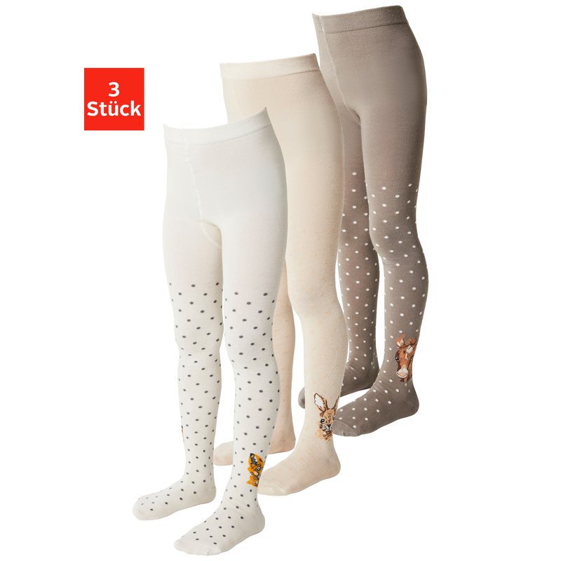 H.I.S Strickstrumpfhose Packung, 3 Stk. tlg. mit Tiermotiven 1x hell braun, 1x cream, 1x ecru 104/110 104/110 Bequeme Strickstrumpfhose