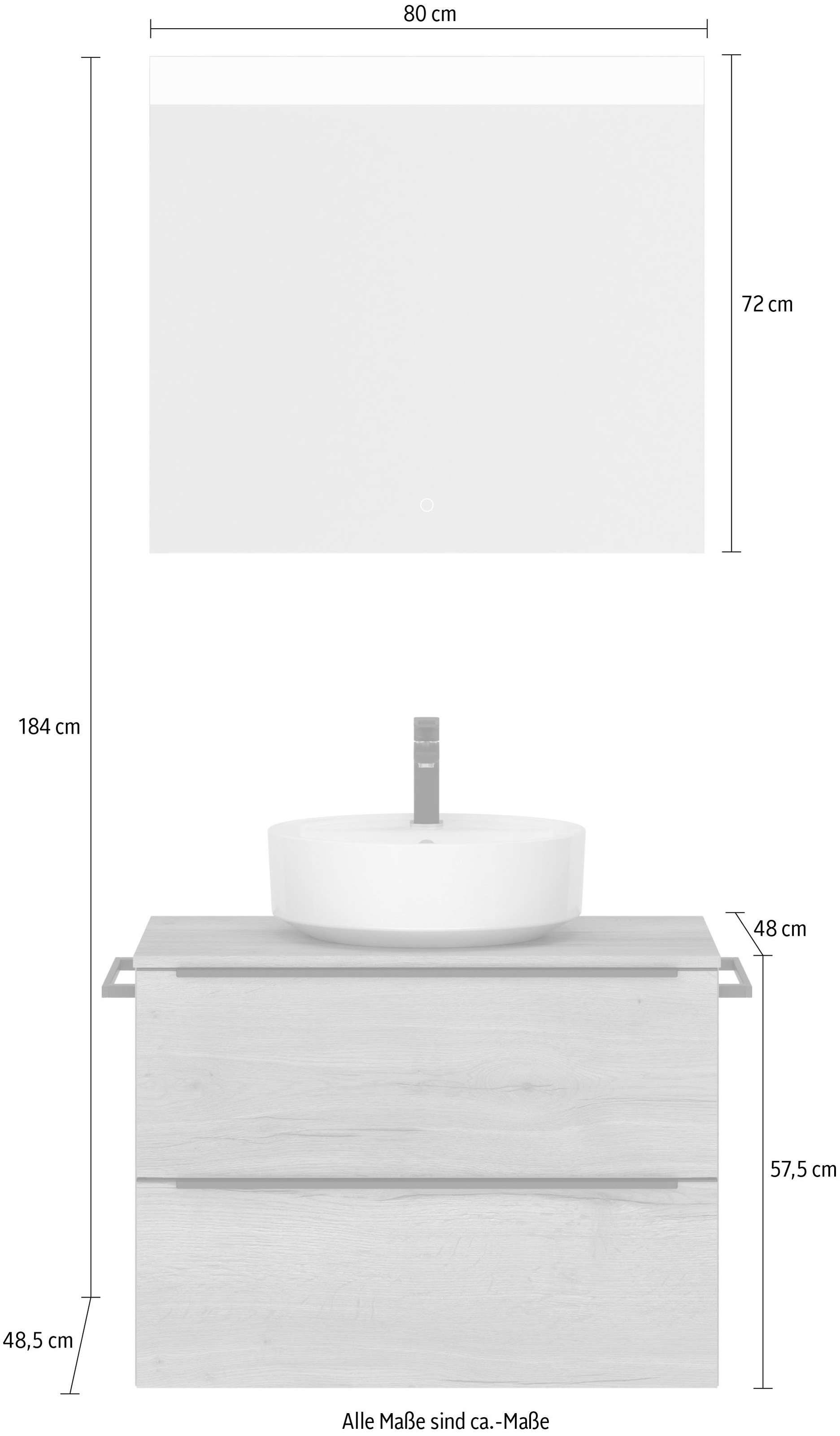 nobilia® Badmöbel-Set »Alvene«, (2 St., vormontiert, mit Soft-Close), Hochglanz, inkl. Spiegel mit Touch-Sensor, in vier Breiten
