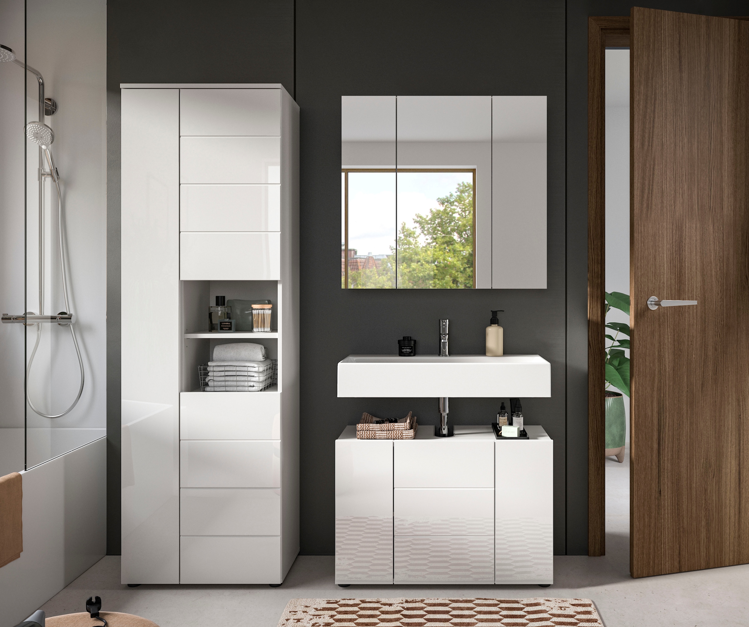 welltime Badmöbel-Set »Biel, Höhe 190 cm, Hochschrank, Unterschrank, Spiege günstig online kaufen