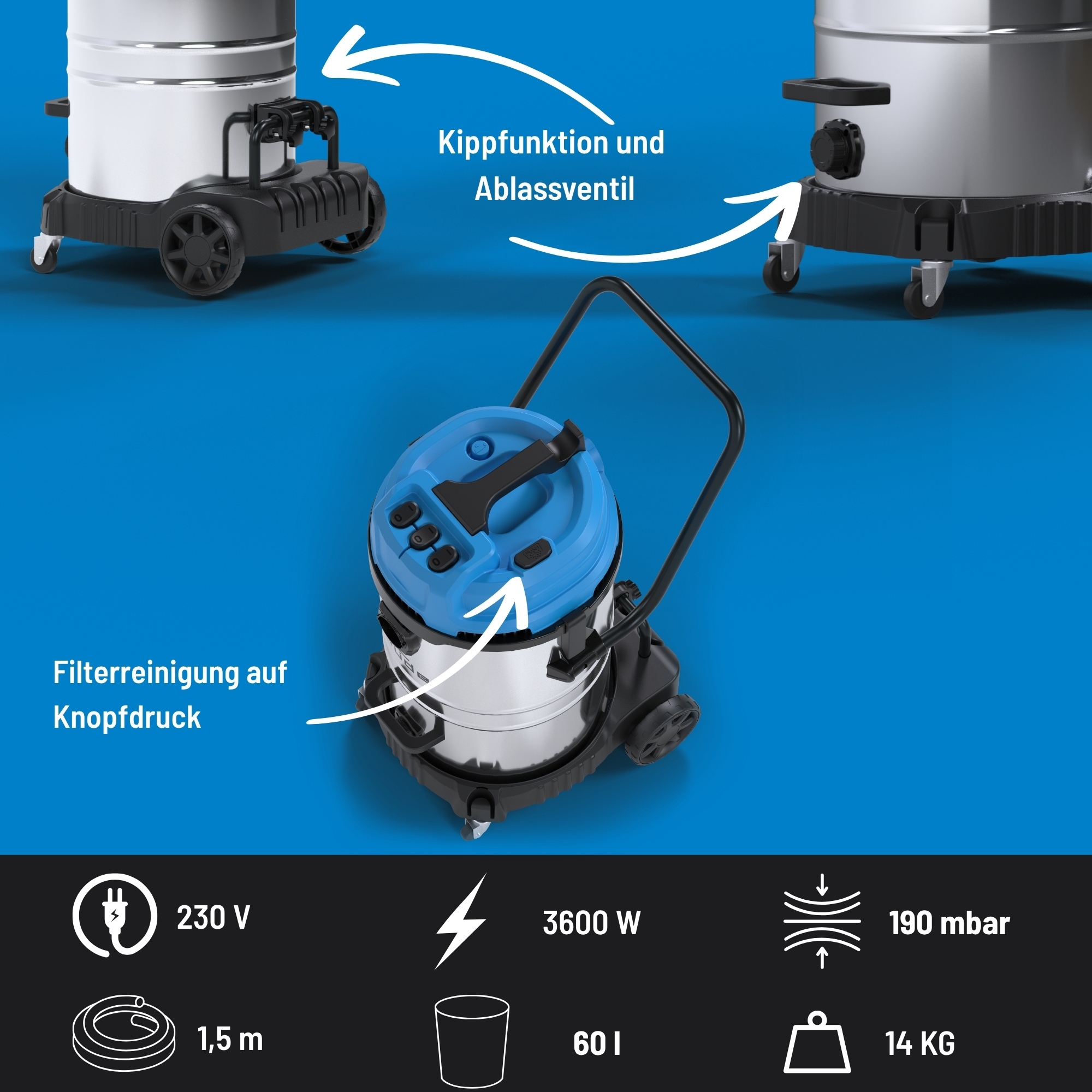 Güde Nass-Trocken-Sauger »»GNTS 3-60L«« 3600 (3 x 1200) W