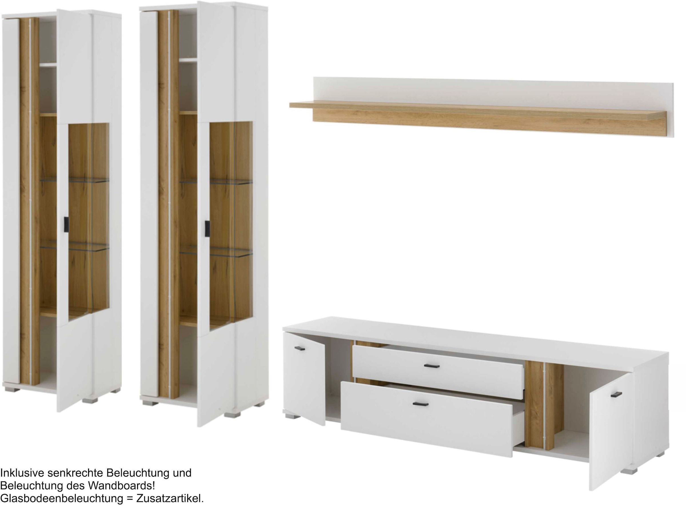 INOSIGN Wohnwand »LONG ISLAND«, (Set, 4 St.), in moderner Trendfarbe,inklusive senkrechter Beleuchtung,Breite 330 cm