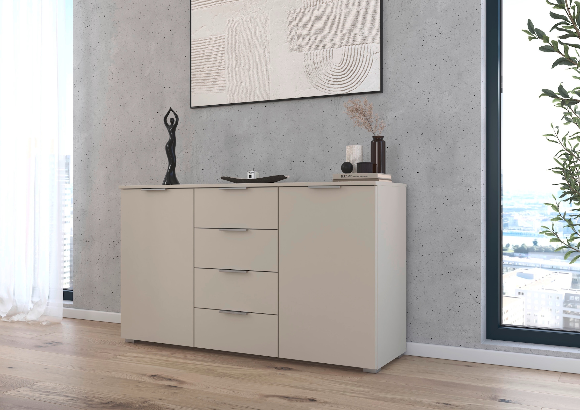 rauch Kombikommode »Sideboard Schubladenkommode AGORDO mit Dekor- oder Hochglanzfront«, (in zwei Griff-Farben), mit 4 Schubkästen und 2 Türen sowie Metallgriffen MADE IN GERMANY