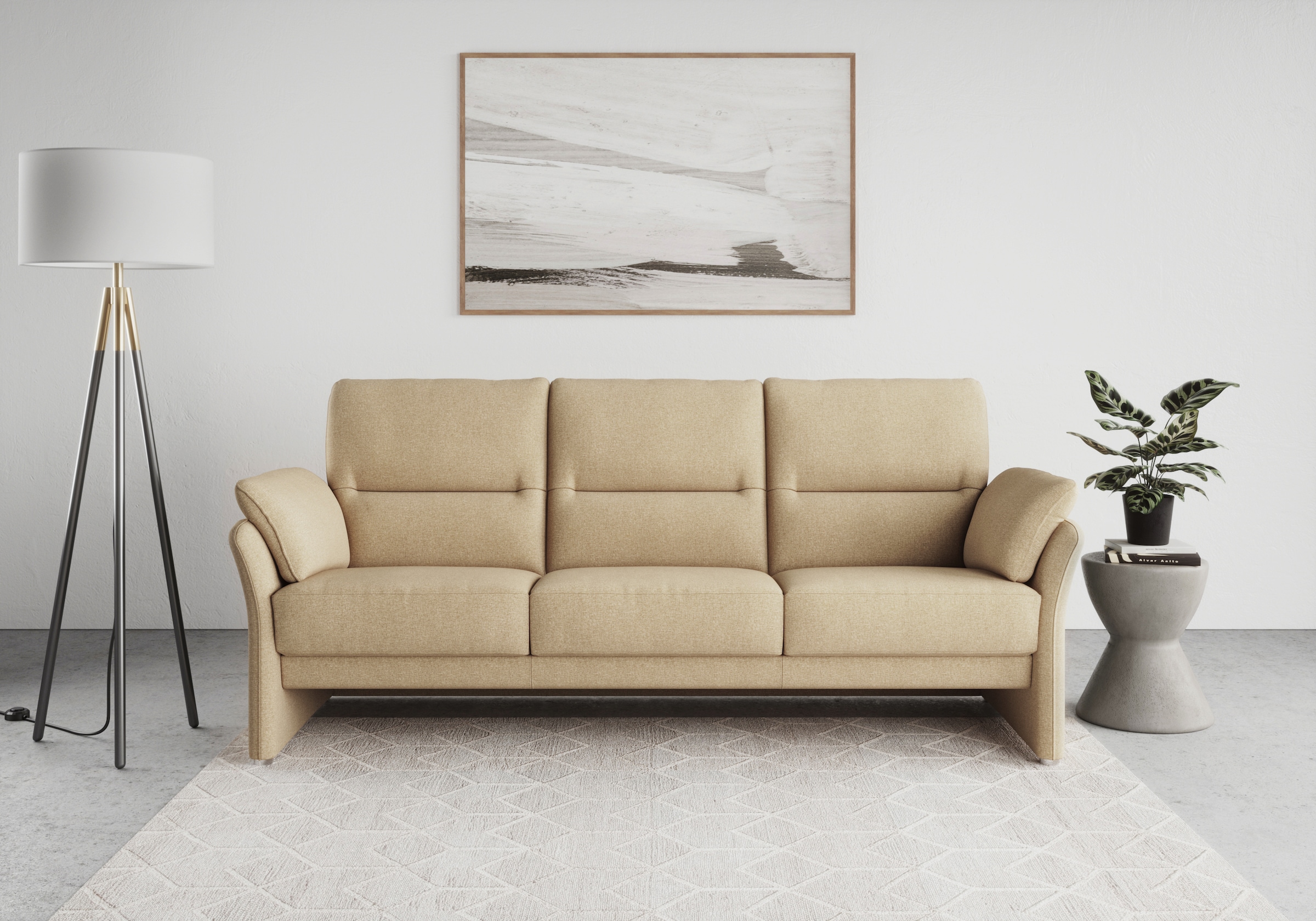 DOMO collection 3-Sitzer »Pina, schmale Armlehnen, mit Federkern, kompakt & elegant« Hoher Sitzkomfort, Feinstruktur, beige, Breite 219 cm