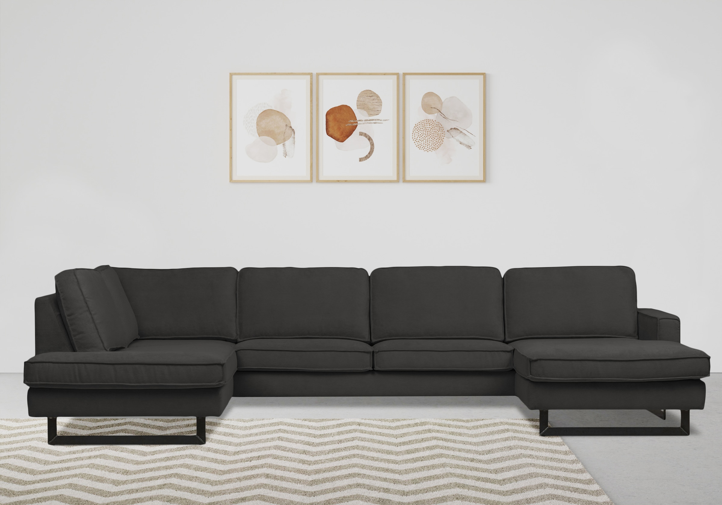 Places of Style Wohnlandschaft »Pinto, 350 cm, U-Form, XXL, mit Ottomanen«, Cord, Chenille, Lederoptik, mit Keder, Metallfüße, Wellenunterfederung