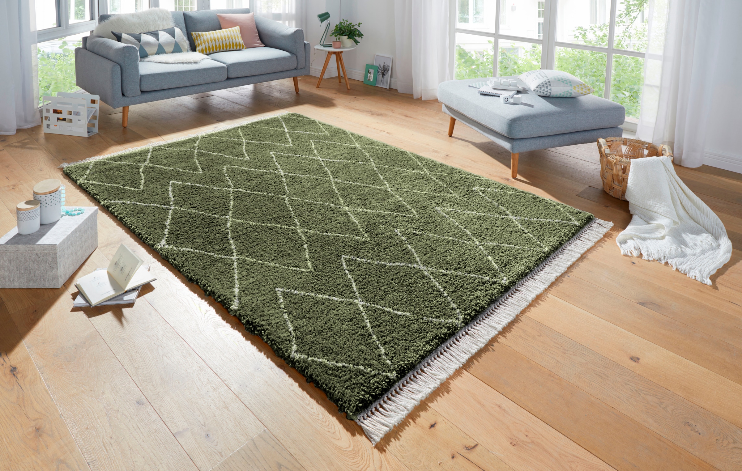 HANSE Home Hochflor-Teppich »Jade«, rechteckig, Pastellfarben mit Fransen, Rauten Design, Scandi Look