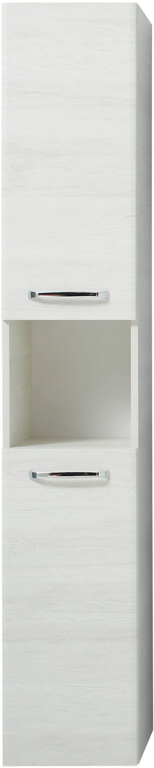 Saphir Badmöbel-Set »Quickset 936 4-teilig, Mineralmarmor-Waschtisch und LED-Spiegelschrank«, (Set, 4 St.), 2 Hochschränke, Eiche Weiß quer Nachbildung, inkl. Türdämpfer, 9 Türen