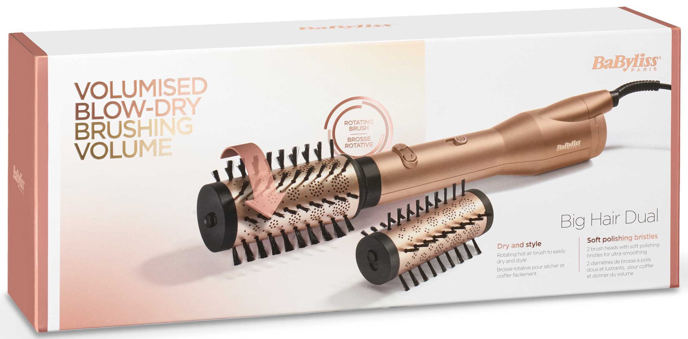 BaByliss Warmluftbürste »BaByliss Big Hair Dual Warmluftbürste rotierend,  AS952E« 2 Aufsätze Rotierender Rundbürstenföhn mit Ionen, 2 Aufsätze für Volumen, 650 W
