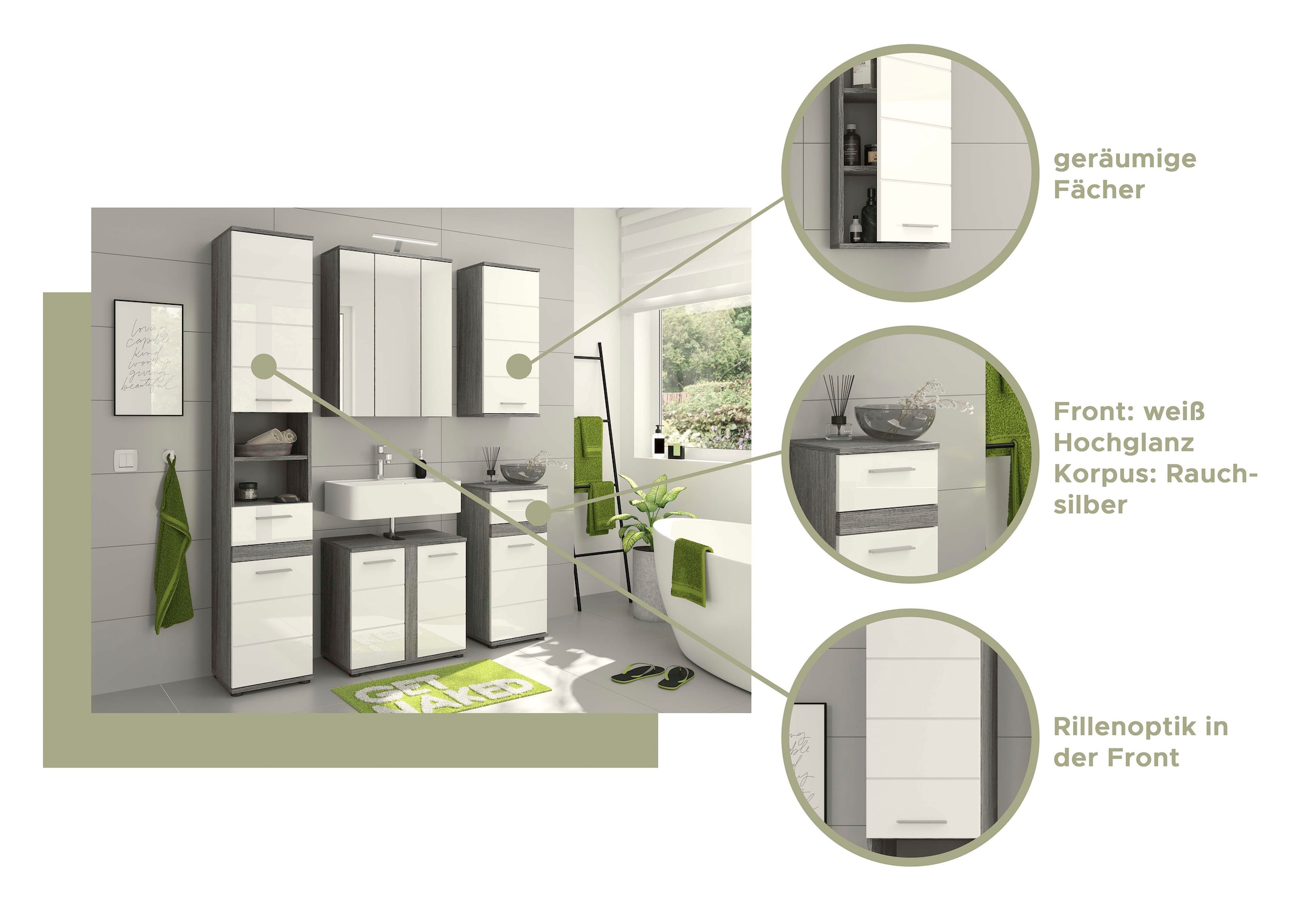 welltime Waschbeckenunterschrank »LUCCA, TOPSELLER!, Breite 60cm, 2 Türen, 2 Fächer,mit Siphonausschnitt«, MDF-Front, Badmöbel, Badschrank, Schrank, Kommode, Bad, Badezimmer