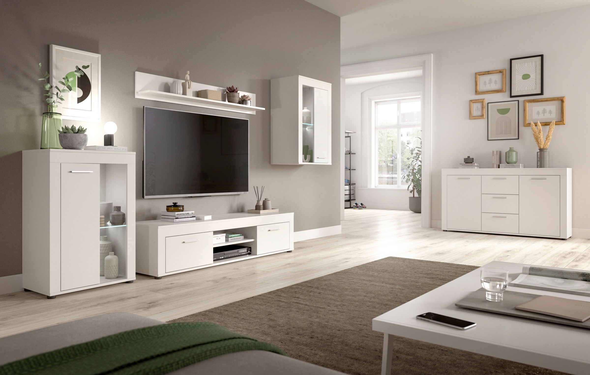 INOSIGN Wohnwand »Aosta, 4-tlg., best. aus: Vitrine, Lowboard, Wandboard & Vitrine hoch«, (4 St.), Wohnwand, Kombination, Anbauwand, Möbel Set, Schrankwand, Möbel Kombi