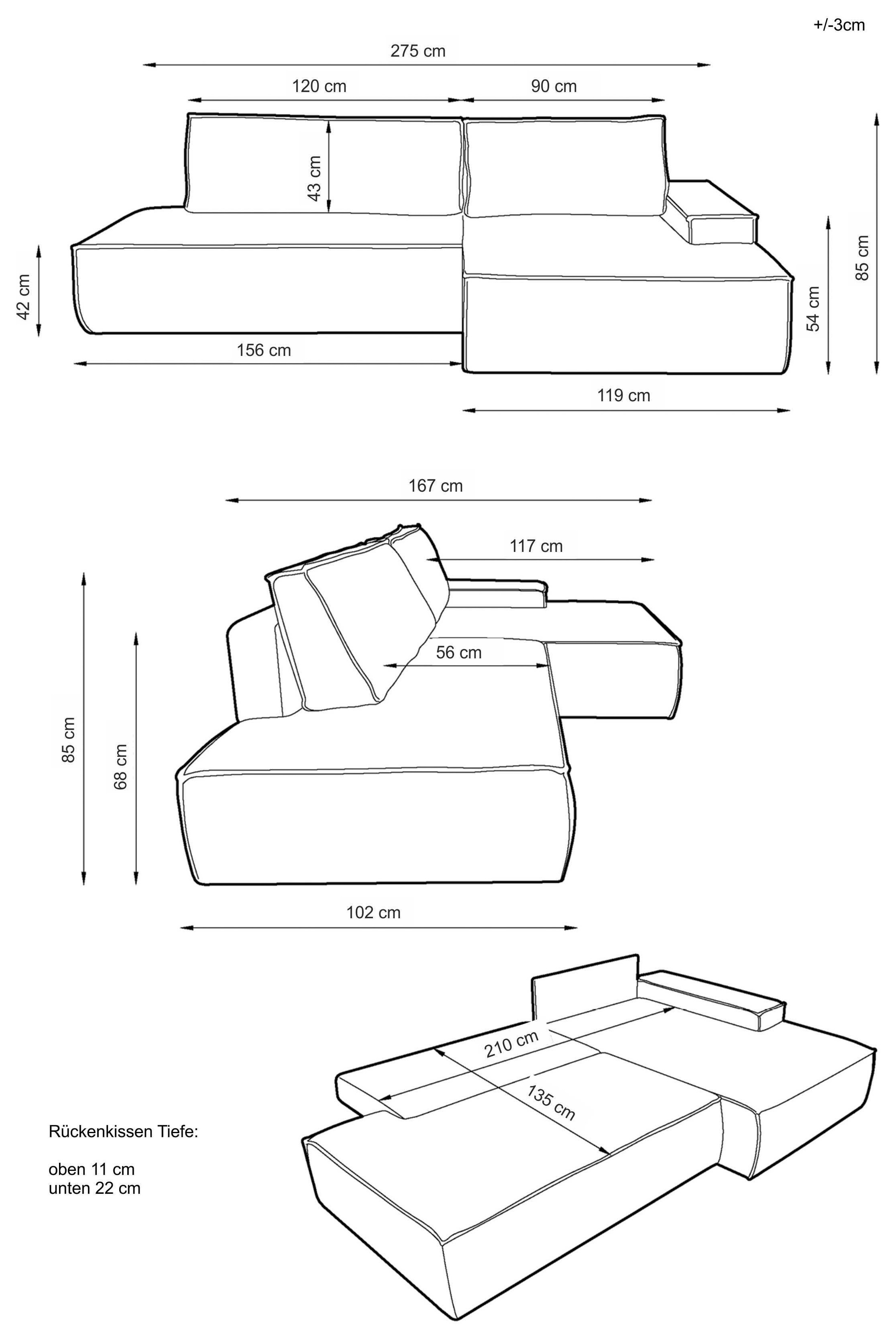 Home affaire Ecksofa »SHERWOOD, Schlafsofa in L-Form offen (275cm), Cord, Leinenoptik«, Schlaffunktion und Bettkasten, Kedernaht, hoher Sitz- & Liegekomfort