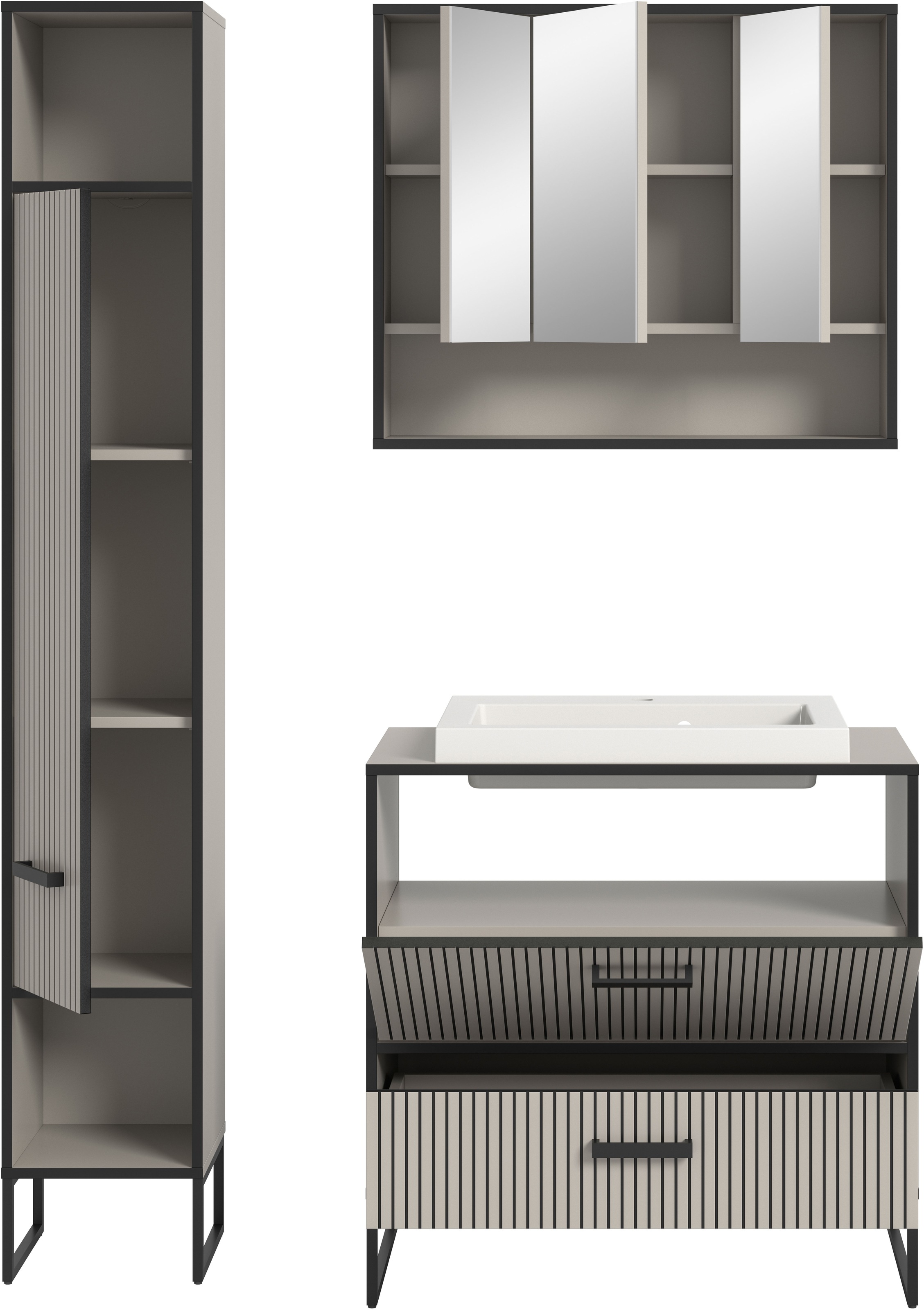 welltime Badmöbel-Set »Locri, Breite 125 cm, Rillenoptik, Metallkufen«, (3 St.), best. aus: Hochschrank, Spiegelschrank, Waschtisch