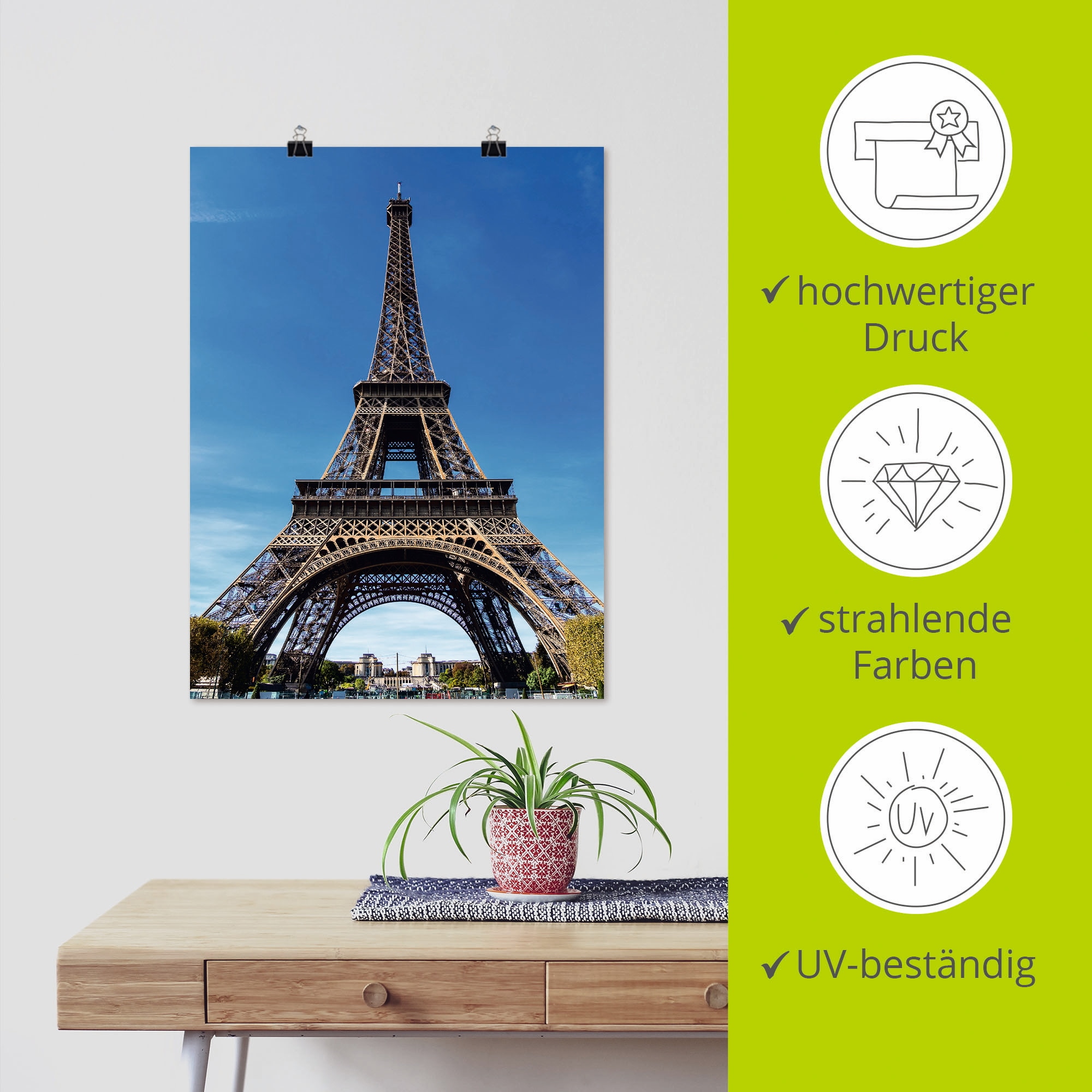 Artland Poster »Blick auf den Eiffelturm in Paris II«, Gebäude, (1 St.), als Alubild, Leinwandbild, Wandaufkleber oder Poster in versch. Größen