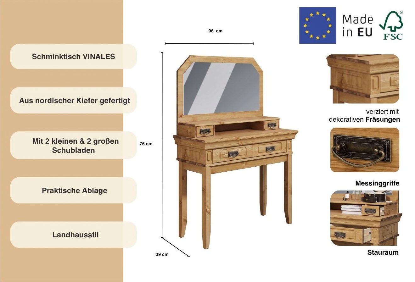 Home affaire Schminktisch »Vinales, Konsole für den Flur«, Aus massiver Kiefer, mit Fräsungen