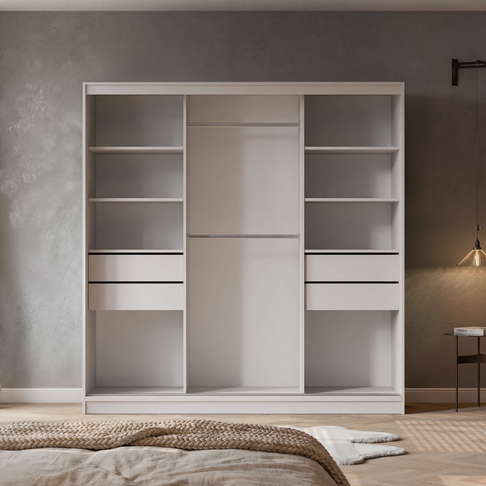 OTTO home Schwebetürenschrank »JORELLA, Premium Innenausstattung, maximaler Stauraum, Made in EU« H/B/T ca. 210/200/59 cm, 4 Schubladen, 2 Kleiderstangen, 8 Fächer,  3 Türen, schwarze Kontraste, Spiegel, modernes Design