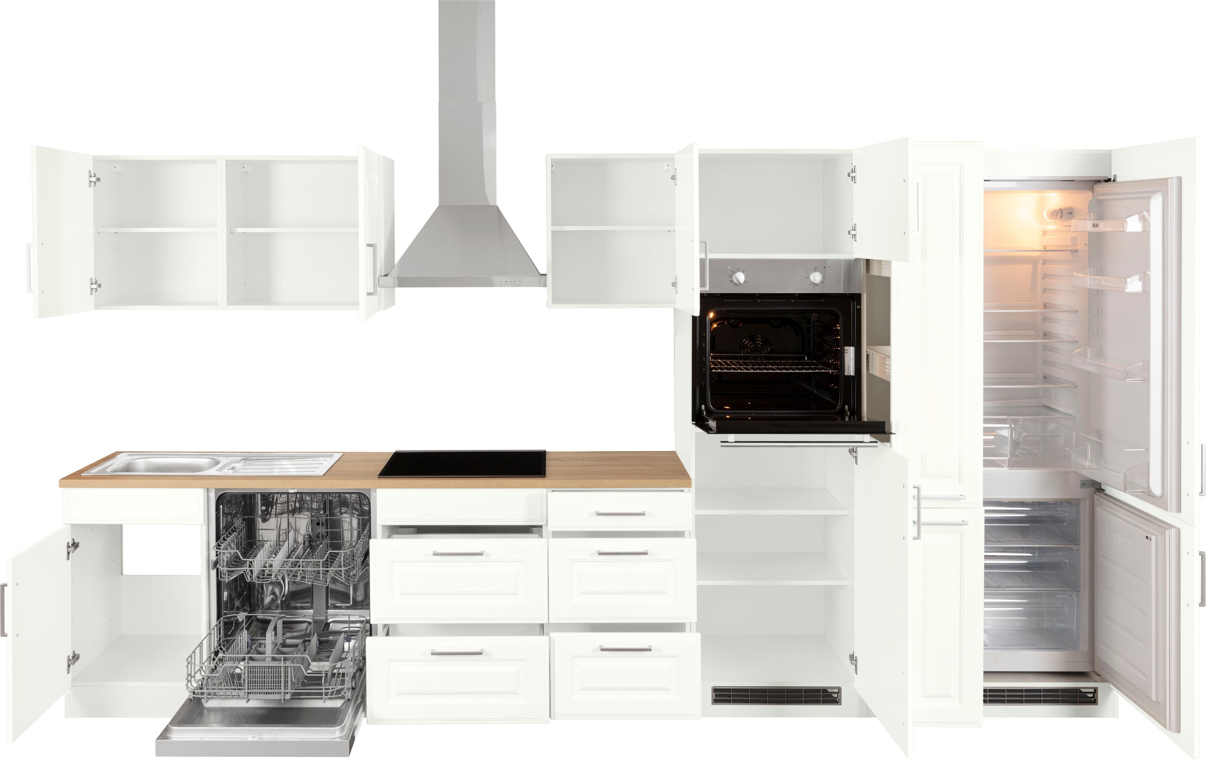 KOCHSTATION Küchenzeile »KS-Stockholm«, Breite 370 cm, mit hochwertigen MDF Fronten im Landhaus-Stil