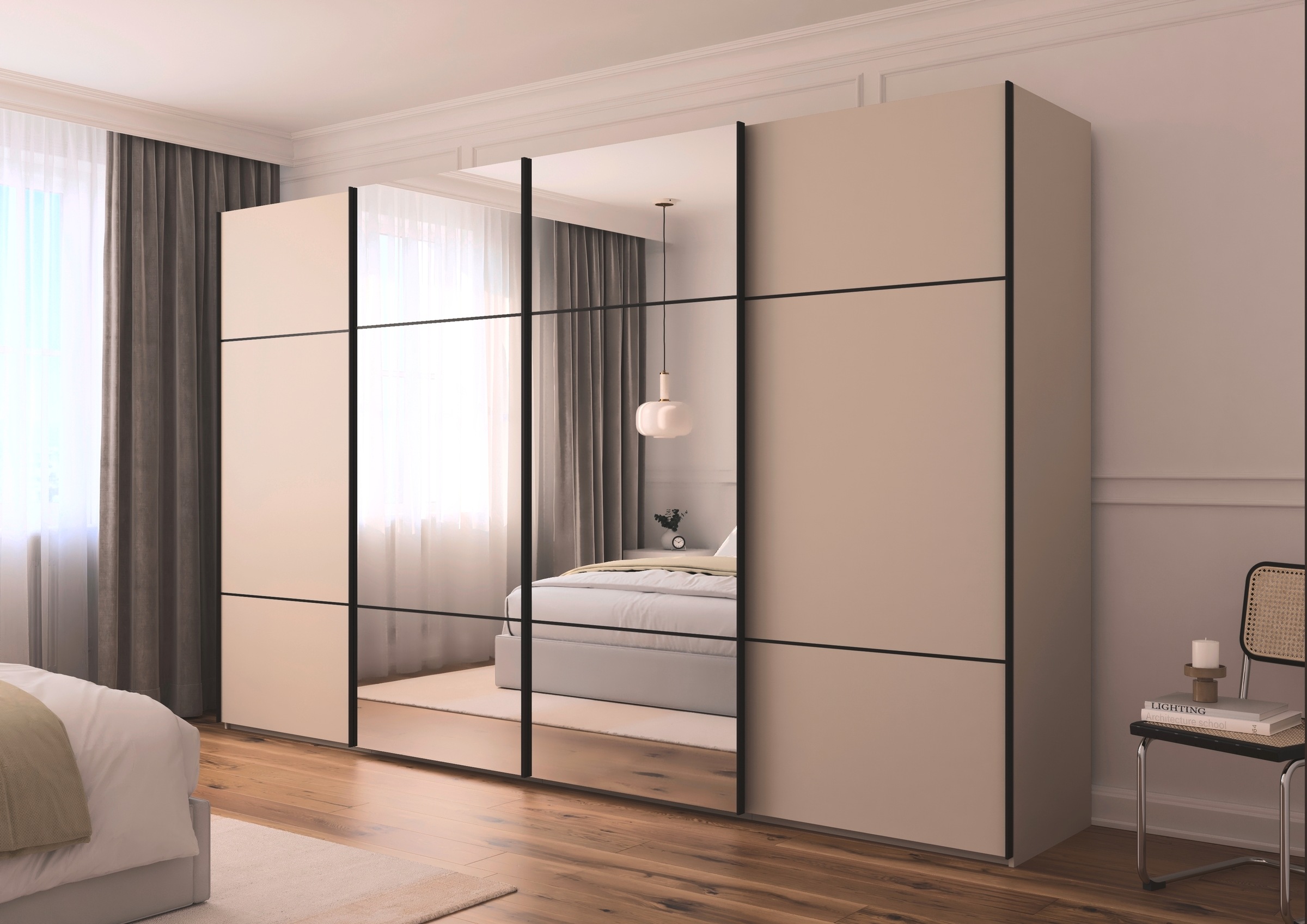 rauch Schwebetürenschrank »Kleiderschrank Schrank Garderobe Schlafzimmerschrank SCALE-TRIO«, edle dreigeteilte Front mit 2 Zierleisten und Spiegel MADE IN GERMANY