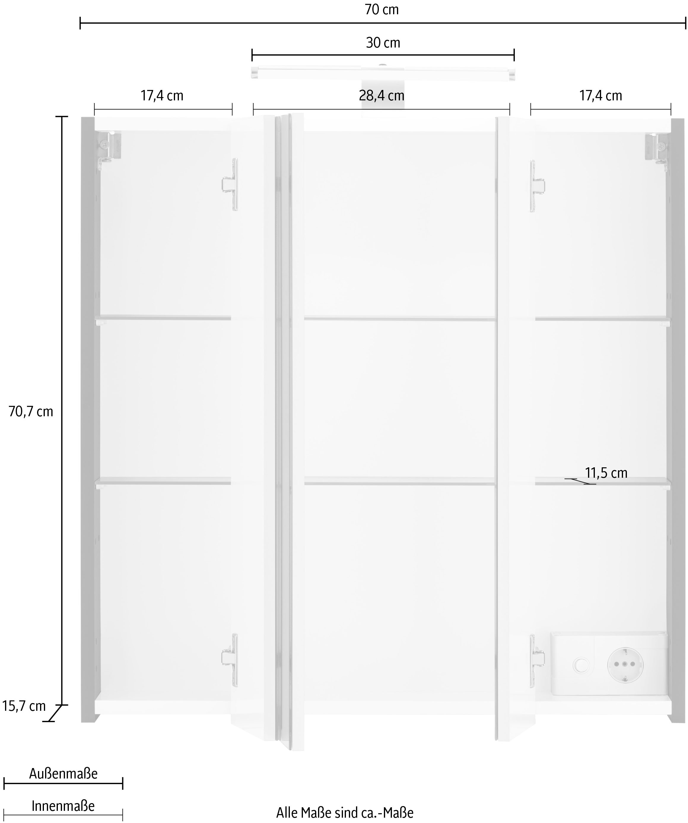 Schildmeyer Spiegelschrank »Lagona«, Breite 70 cm, 3-türig,  LED-Beleuchtung, Schalter-/Steckdosenbox jetzt im %Sale