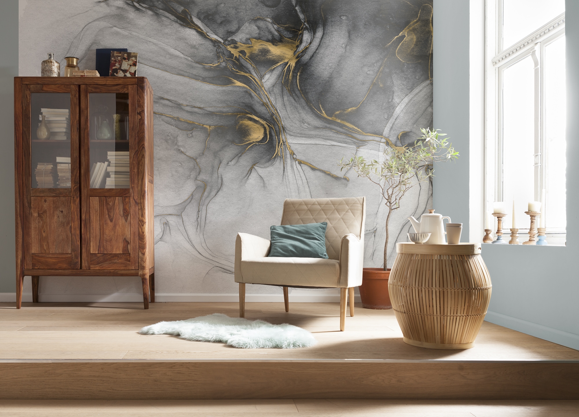 Komar Fototapete »Ink Gold Flow«, bedruckt, 350 x 250 cm (Breite x Höhe) - Tapete, Vlies, Wohnzimmer, Schlafzimmer