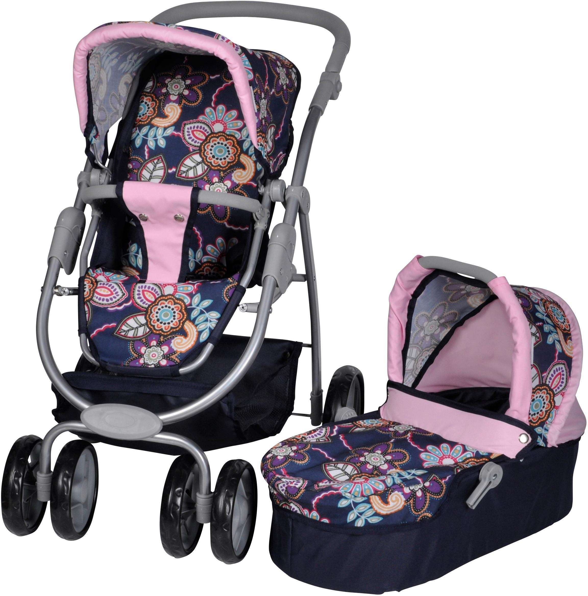 Kombi-Puppenwagen »Coco - Blau/Rosa/Blumen«, 2-in-1