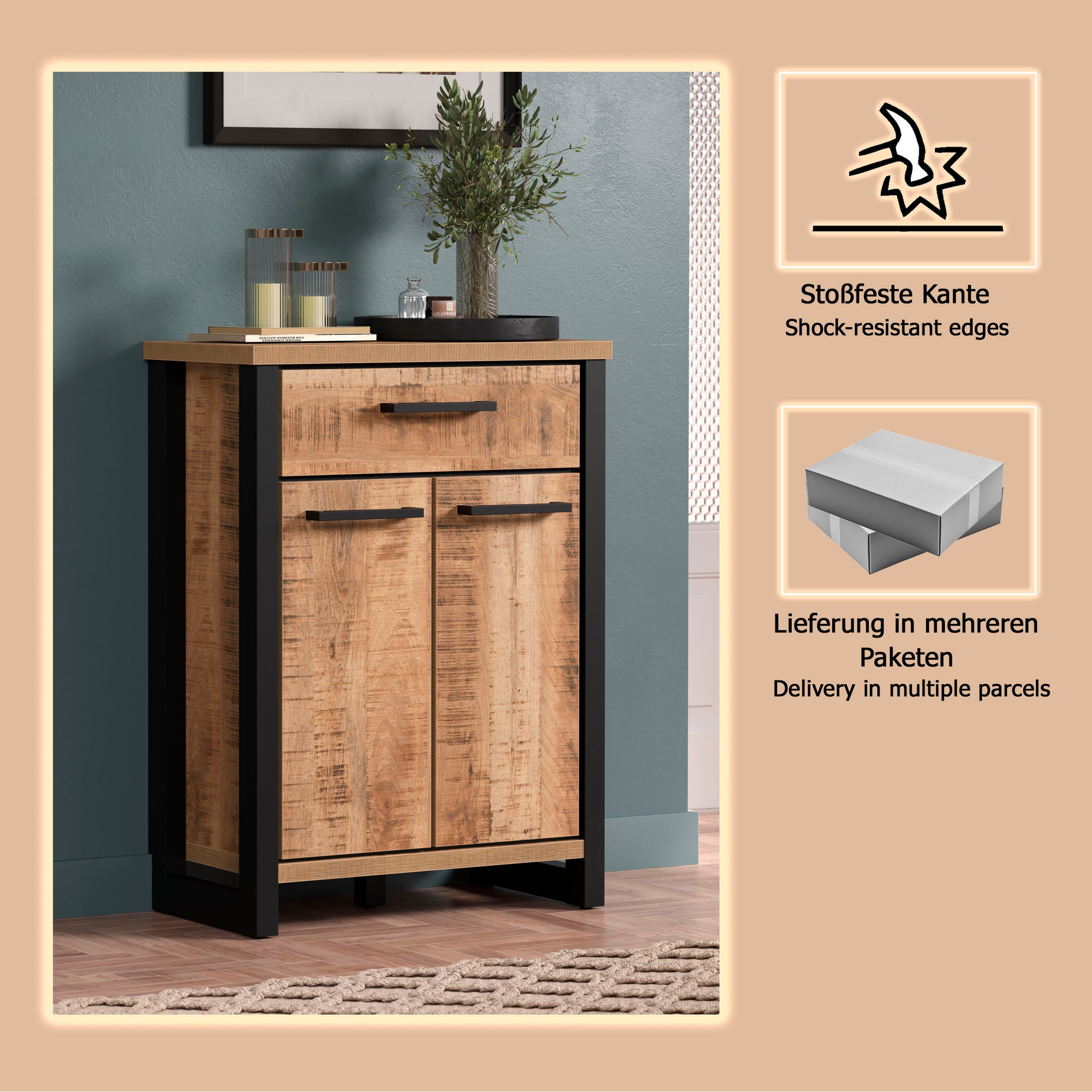 Home affaire Kommode »Elda« 1 Stk. tlg. Kommode mit 2 Türen, 1 Schublade mit Vollauszug – (B/T/H) 73/39/100 cm