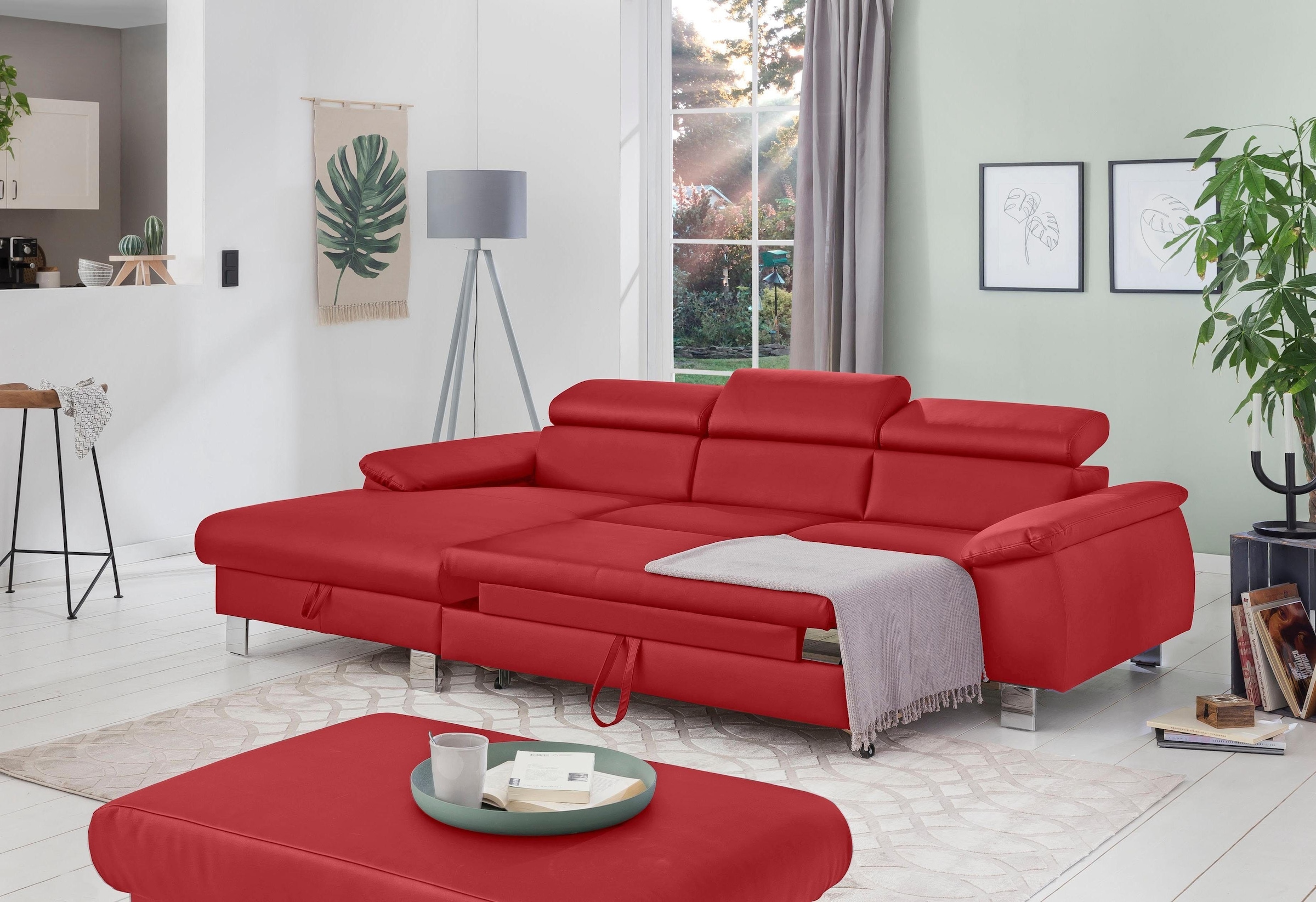 COTTA Polstergarnitur »Komaris L-Form«, (Set), Set bestehend aus: Ecksofa mit Kopfteilverstellung & Hocker