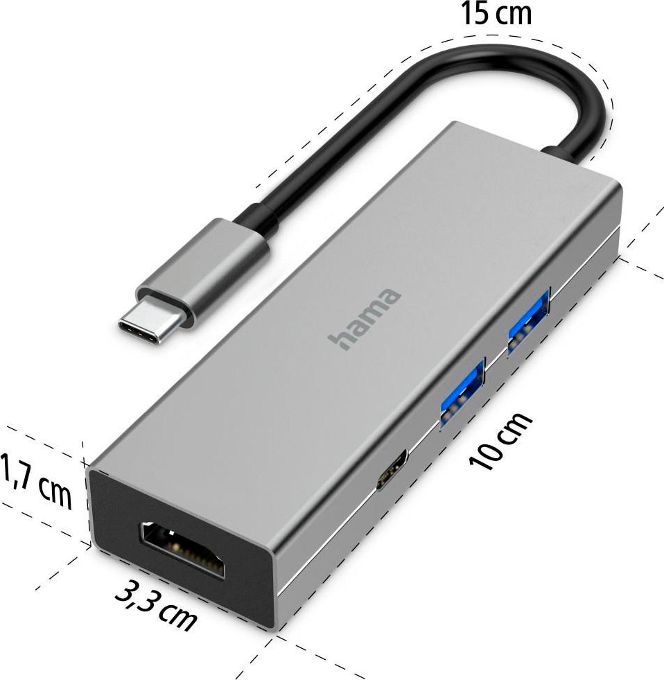 Hama USB-Adapter »USB-C Multiport Hub für Laptop mit 4 Ports, USB-A, USB-C, HDMI«, USB-C zu USB Typ A-USB-C-HDMI, 15 cm, Laptop Dockingstation, kompakt, robustes Gehäuse, silberfarben
