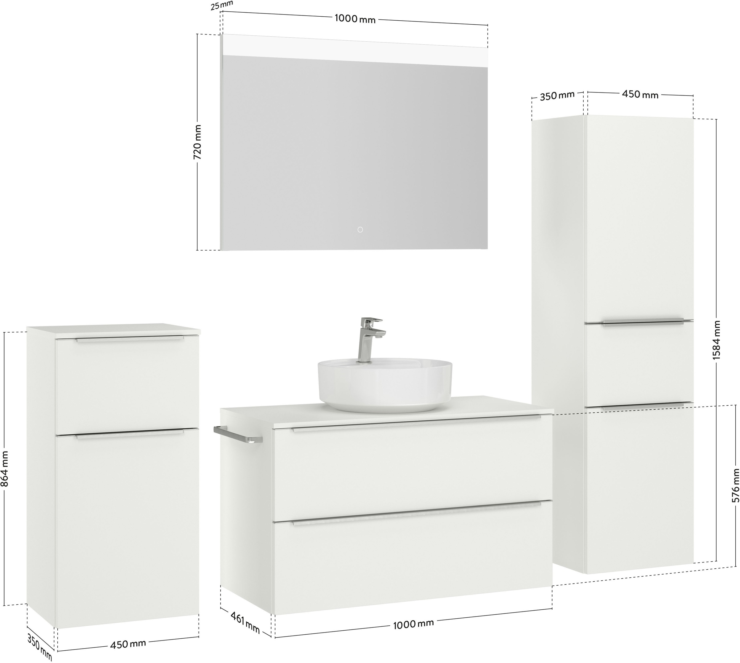 nobilia® Badmöbel-Set »Alvene«, (4 St., vormontiert, mit Soft-Close), inkl. Spiegel mit Touch-Sensor, in vier Breiten