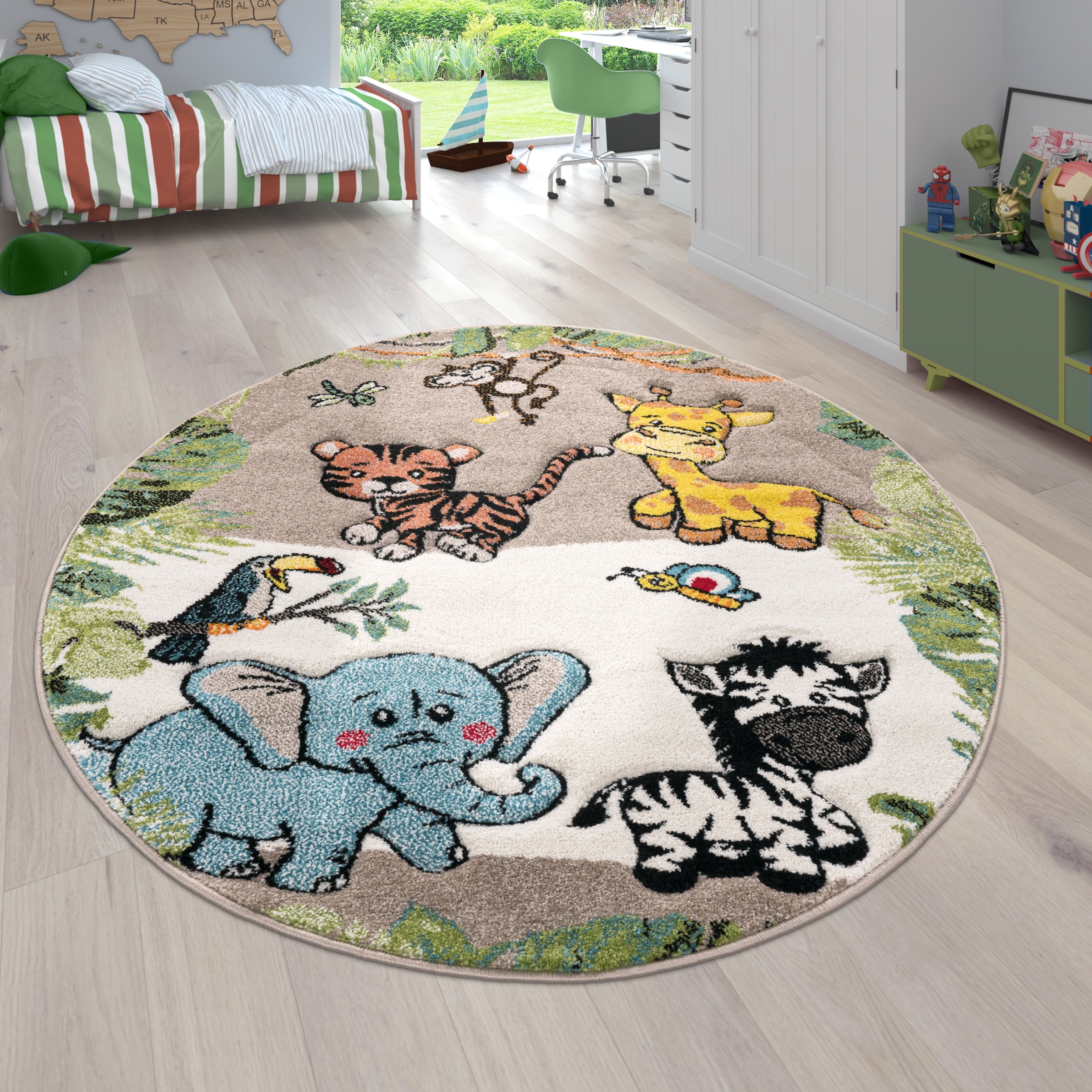 Paco Home Kinderteppich »Diamond 644«, rund, 18 mm Höhe, Kurzflor, 3D-Design, Motiv Dschungel Tiere, Kinderzimmer