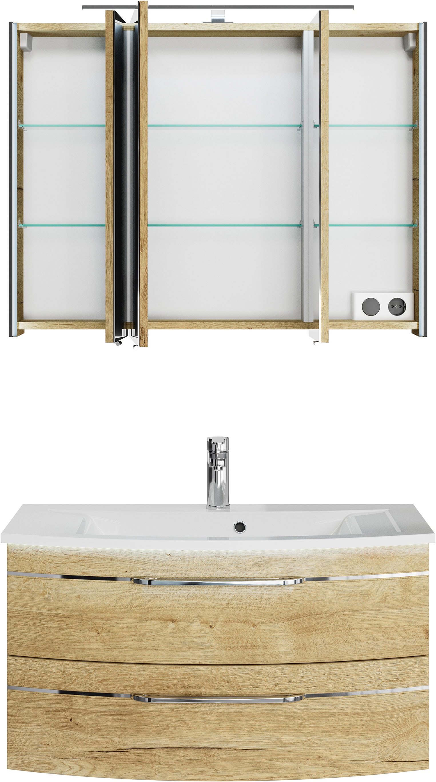 Saphir Badmöbel-Set »Serie 7045 2-teilig Mineralmarmor-Waschtisch mit LED-Spiegelschrank«, (Set, 2 St.), Badezimmer-Set 93,2 cm breit, inkl. Türdämpfer, 3 Türen, 2 Schubladen
