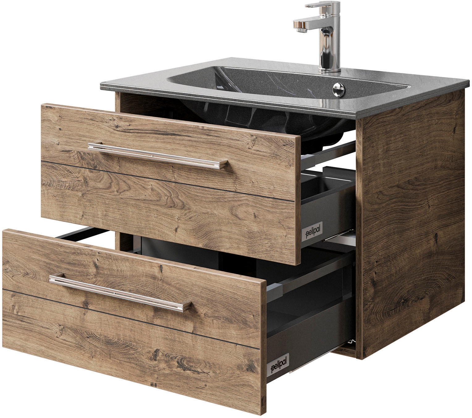 Saphir Badmöbel-Set »Serie 6025 2-teilig Mineralmarmor-Waschtisch mit LED-Spiegelschrank«, (2 St.), Waschplatz 67 cm breit, 2 Schubladen, 2 Spiegel-Türen, inkl Türdämpfer