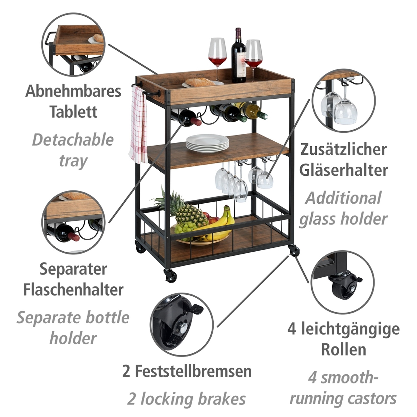 WENKO Servierwagen »Modell Rustico«, Küchenwagen mit Weinglashalter und Fla günstig online kaufen