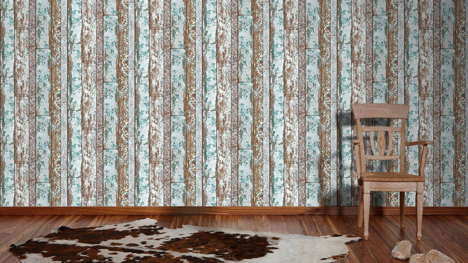 living walls Vliestapete »Neue Bude 2.0«, Holz-realistisch-gestreift, Floral Tapete Holzoptik Tapeten Wohnzimmer Schlafzimmer Küche Design