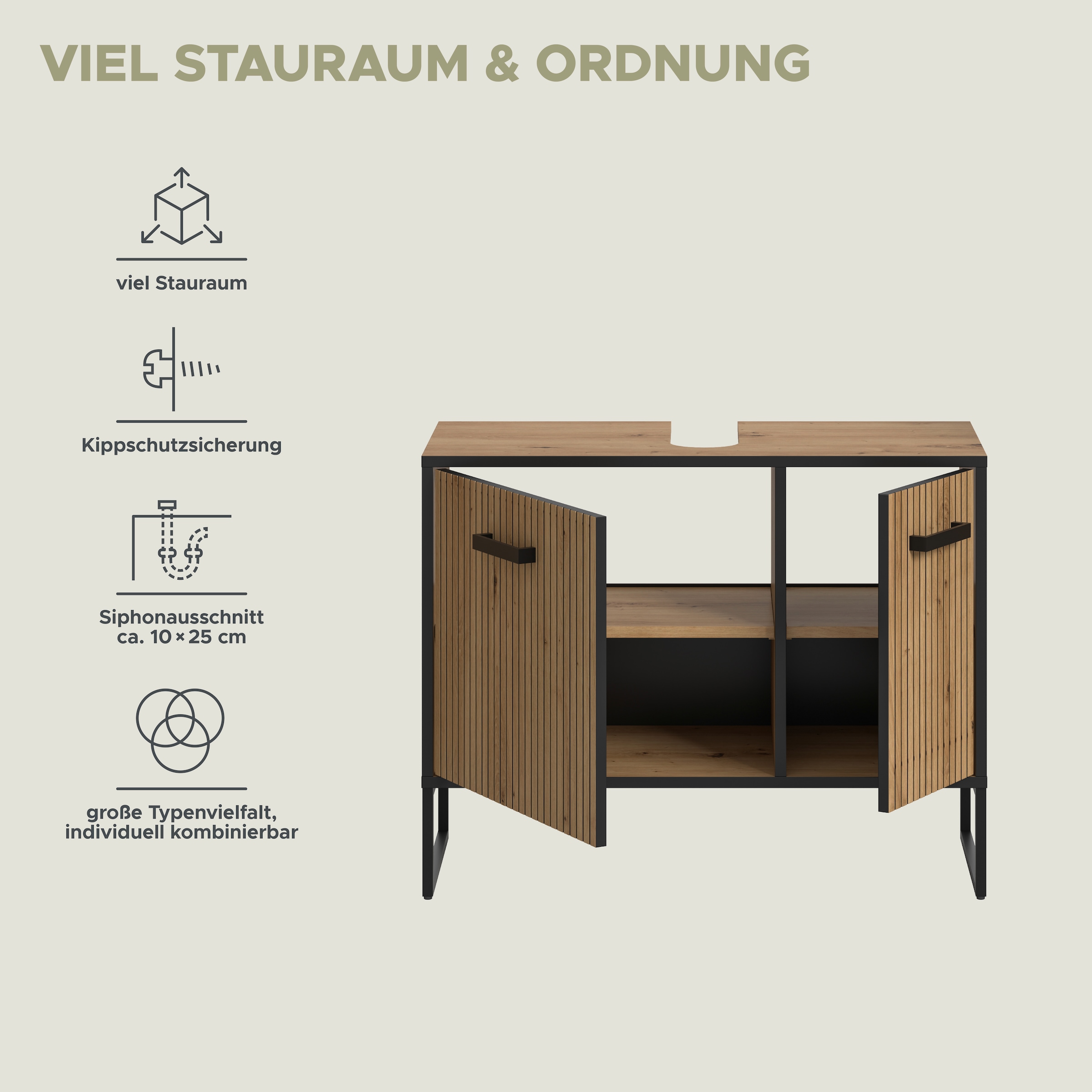 welltime Waschbeckenunterschrank »LOCRI, Höhe 63 cm, 2 Türen, 2 Einlegeböden, mit Siphonausschnitt« industrial Look mit Rillenoptik & Metall Kufen, 1 Stk. tlg. Badmöbel, Badschrank, Badkommode, Kommode, Schrank, Bad, Badezimmer