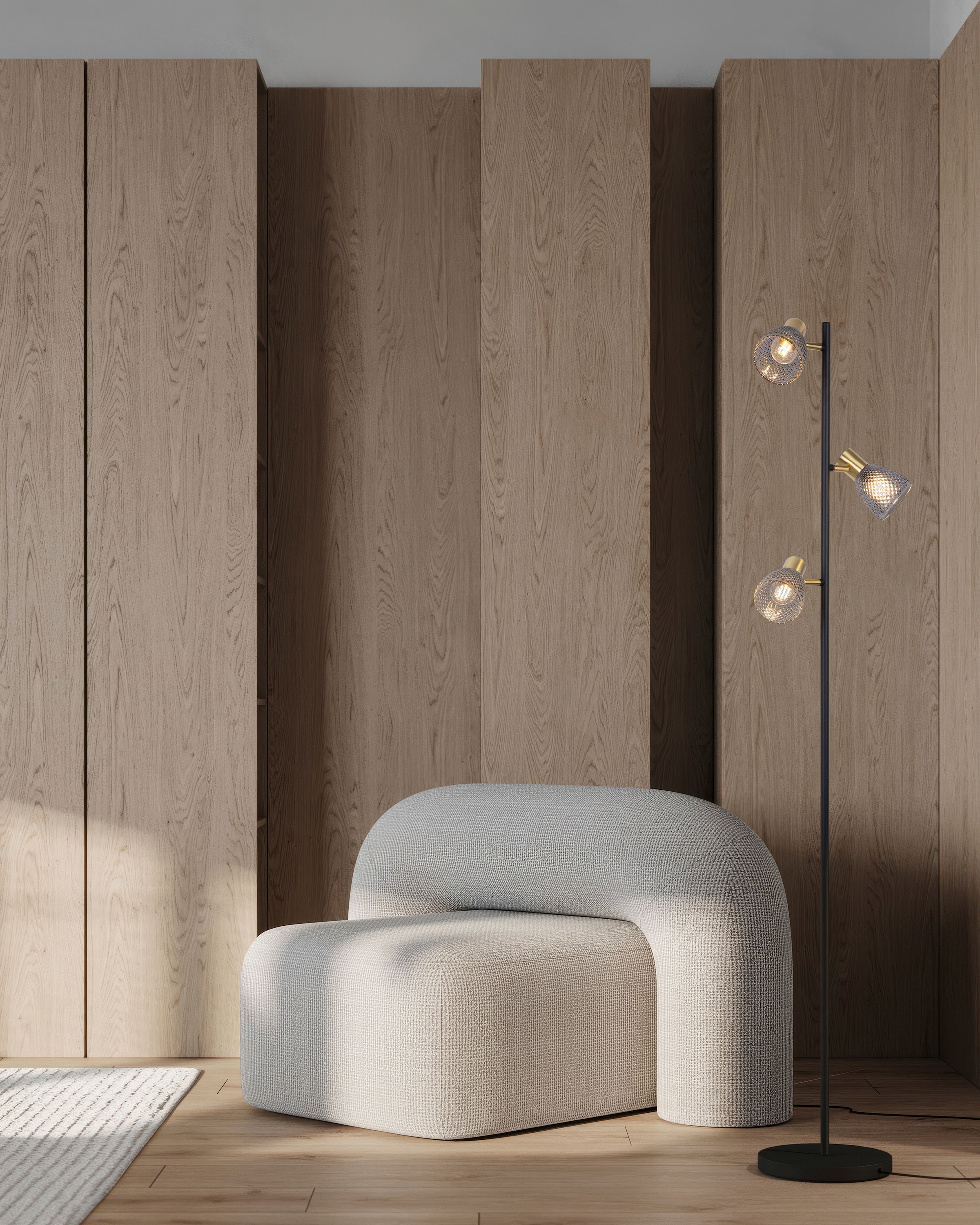 näve Stehlampe »Lindita« E14 1 Stk. 3er Spot, Relief-Glasschirm smokey, Gestell messing matt, 3x E14 exkl.