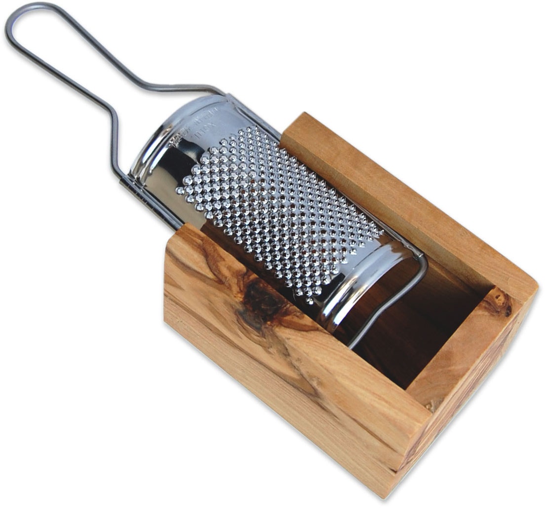 Olivenholz-erleben Käsereibe »für Hartkäse, aus Edelstahl mit Olivenholzbox«, (Set, 2 St., Metallreibe Edelstahl mit Auffangbox aus Olivenholz), Metallreibe aus Edelstahl, Auffangbox aus Olivenholz, auch für Muskat