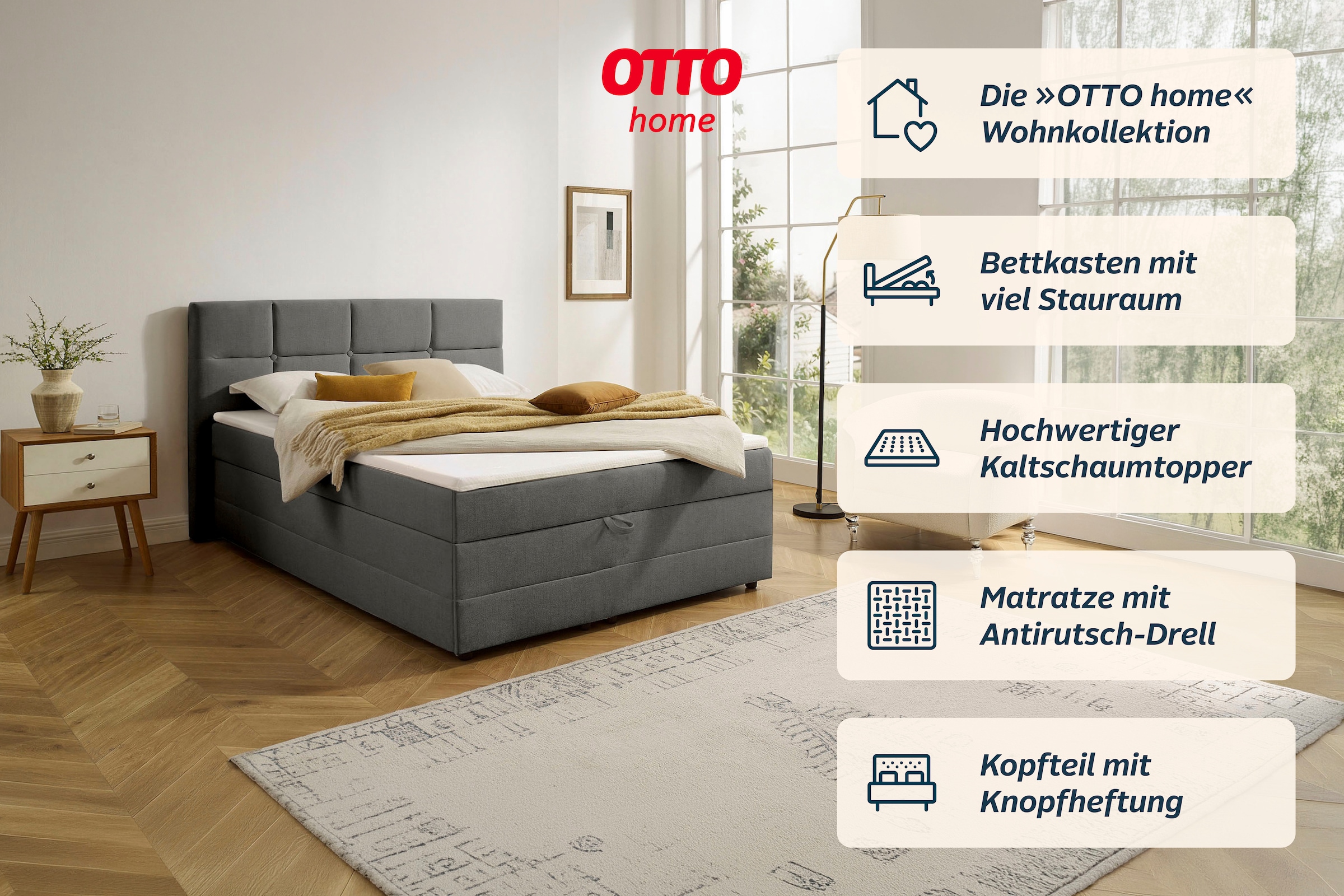 OTTO home Boxbett »FILLMORE, Polsterbett mit Bettkasten und Taschenfederkernmatratze H3« mit Kaltschaumtopper, Strukturstoff-Bezug, 140x200 & 180x200 cm