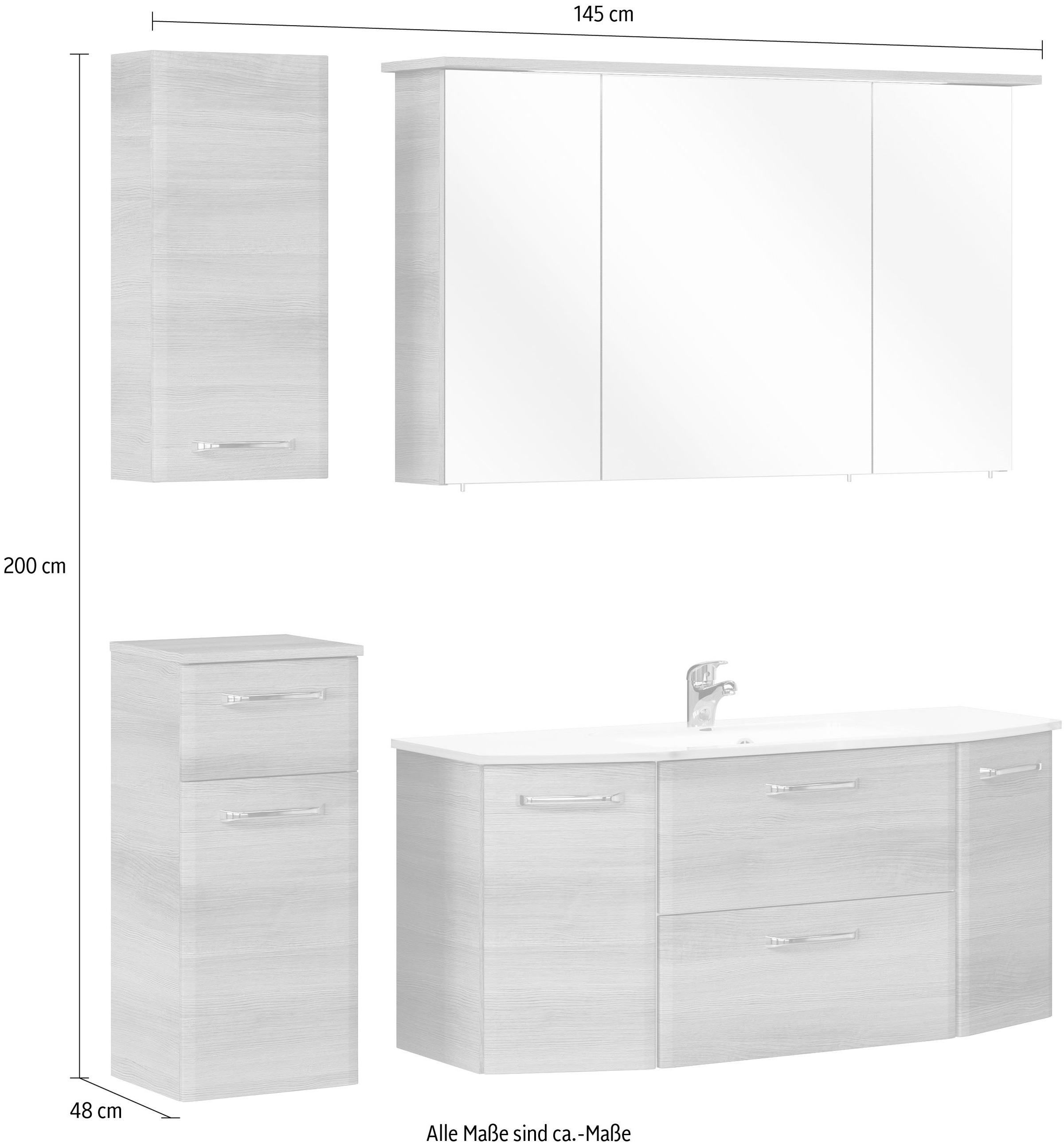 Saphir Badmöbel-Set »Quickset 4-teilig, Glaswaschtisch und LED-Spiegelschrank«, (5 St.), Unterschrank, Hängeschrank, inkl. Türdämpfer, 7 Türen, 1 Klappe