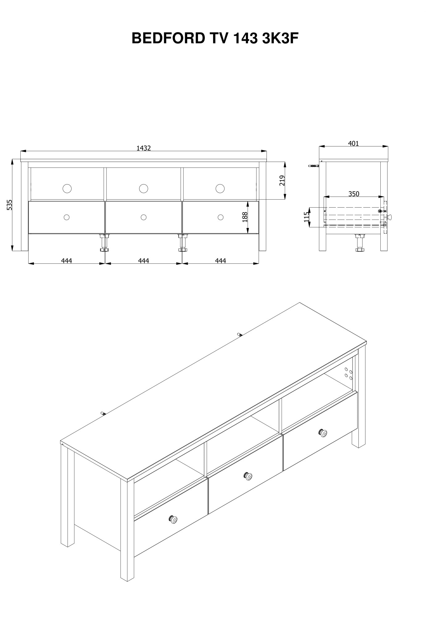 Home affaire Lowboard »BEDFORD, TV-Board, TV-Kommode, TV-Schrank, TV-Unterschrank, TV-Möbel« MDF-Profil 2D ummantelt, Hotstamping