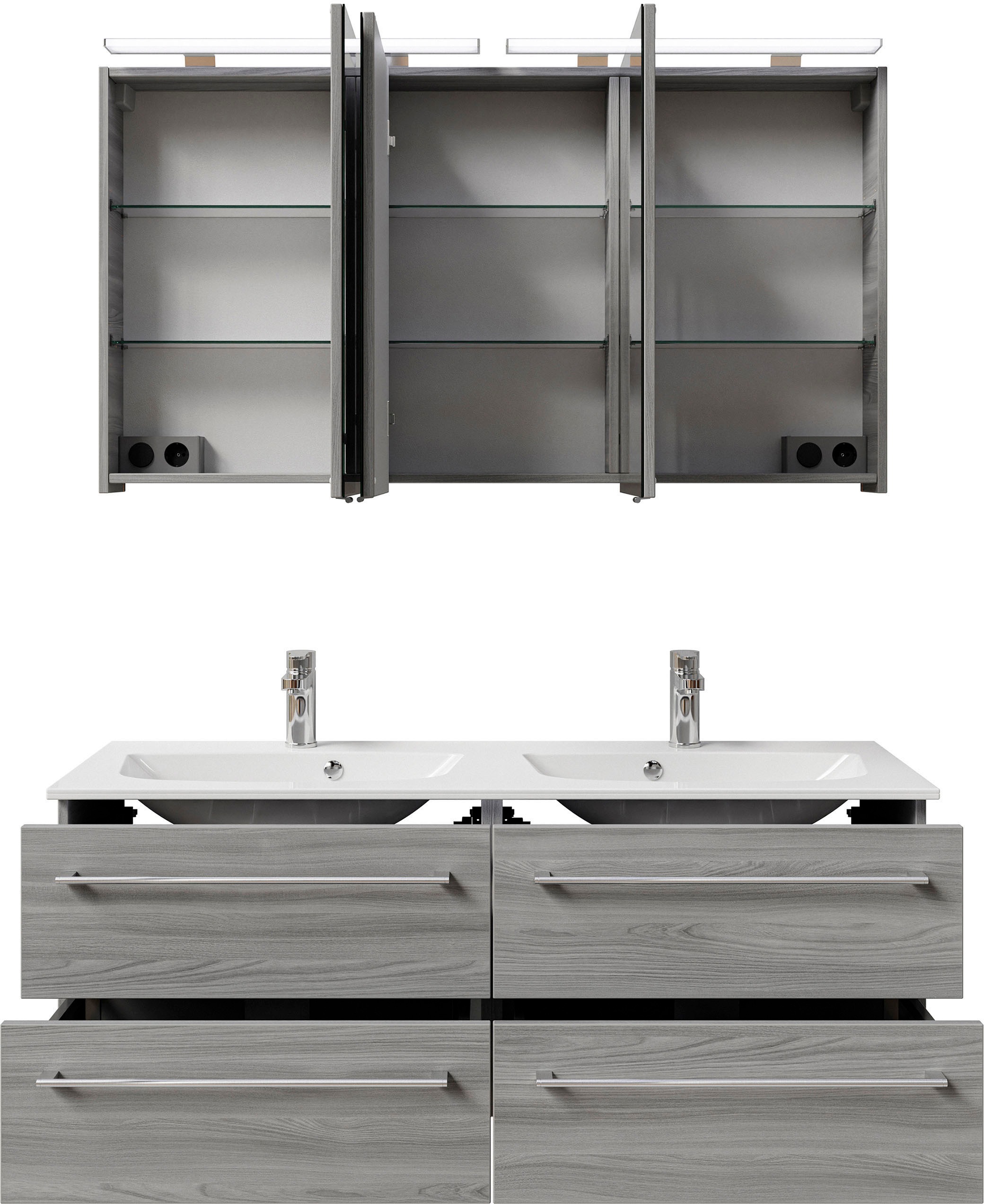 Saphir Badmöbel-Set »Serie 6025 2-teilig Mineralmarmor-Waschtisch mit LED-Spiegelschrank«, (2 St.), Waschplatz 132cm breit, 4 Schubladen, 2 Spiegel-Türen, inkl Türdämpfer