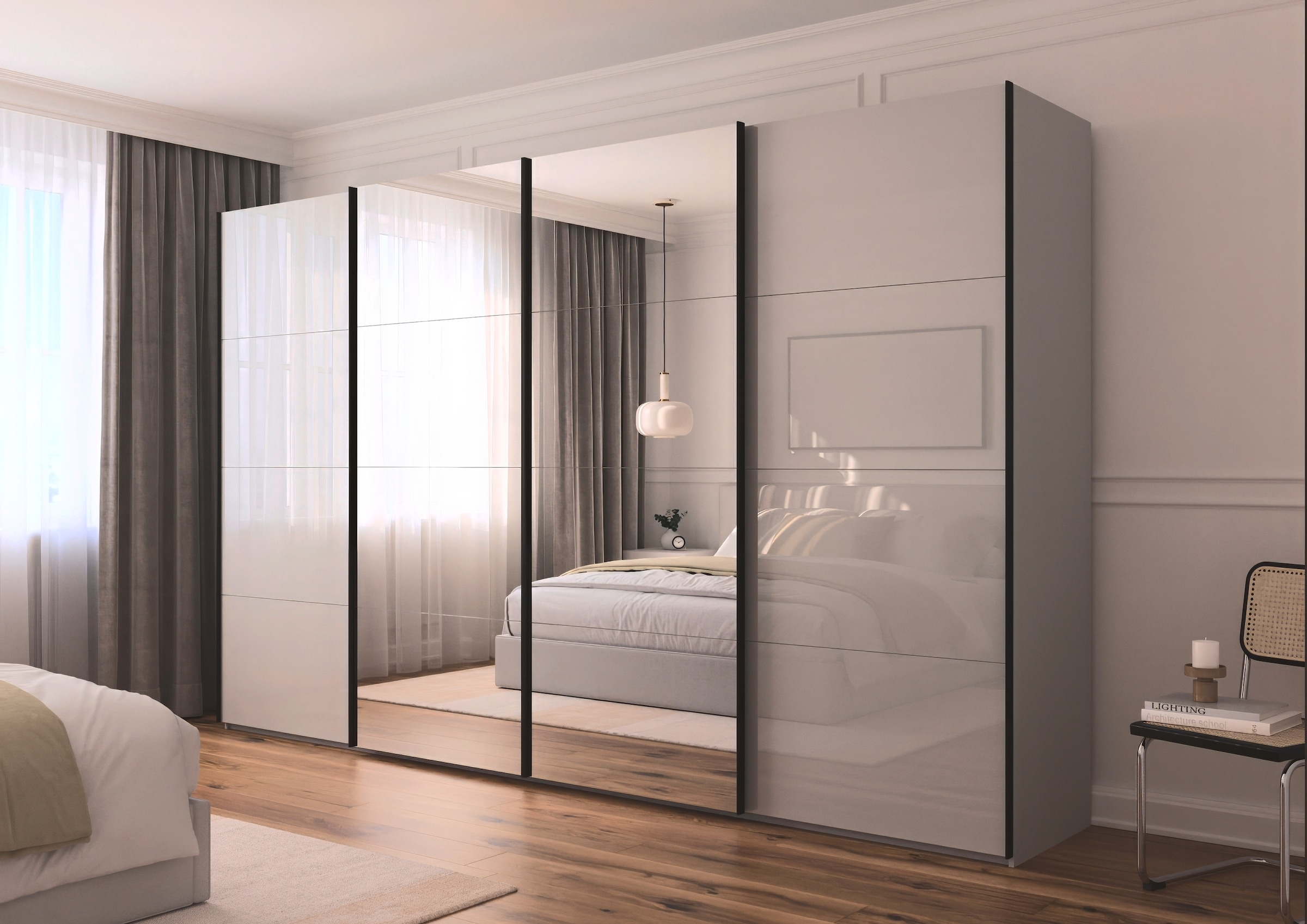 rauch Schwebetürenschrank »Kleiderschrank Schrank Garderobe Schlafzimmerschrank SCALE-FYRA«, edle viergeteilte Türen Spiegel/Glas-Mix viele Farben MADE IN GERMANY