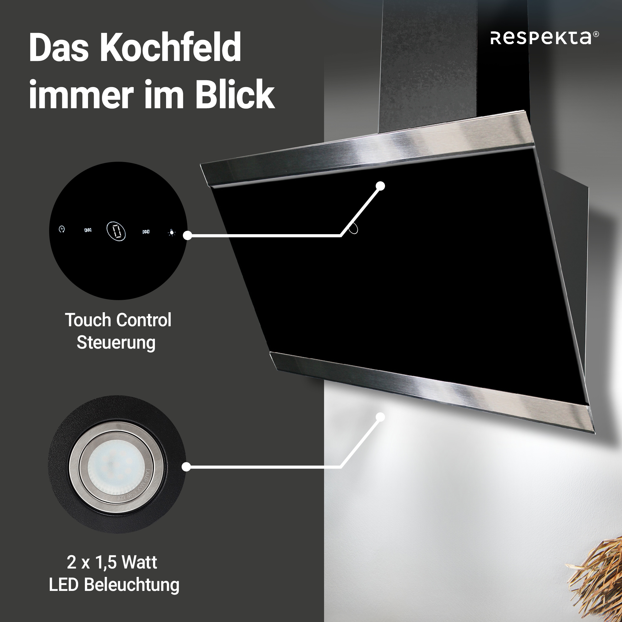 RESPEKTA Kopffreihaube »CH89060S«, 60 cm, 9 Leistungsstufen, LED-Beleuchtung, Ab- und Umluftfähig
