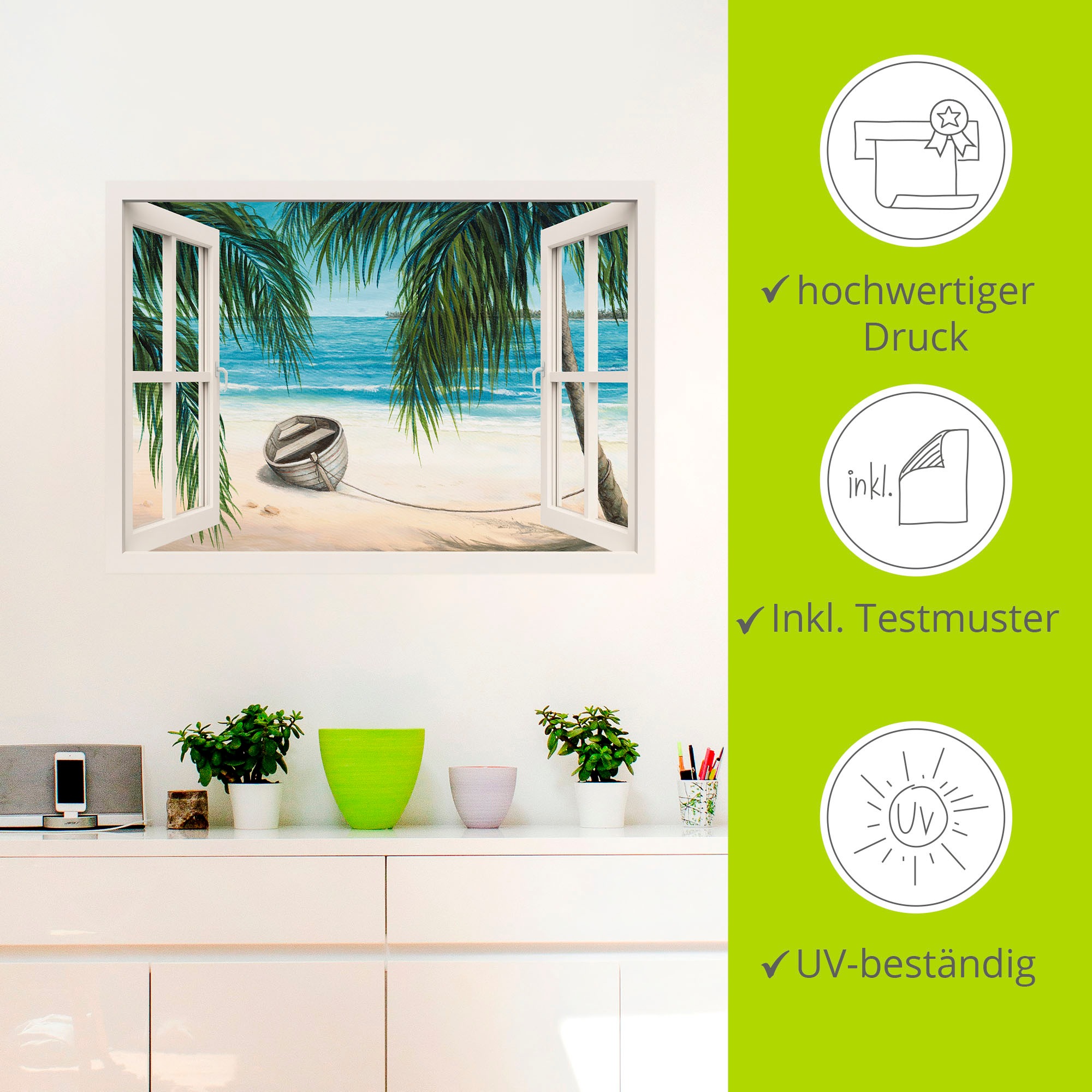 Artland Wandbild »Fensterblick - Karibik«, Fensterblick, (1 St.), als Leinwandbild, Wandaufkleber in verschied. Größen