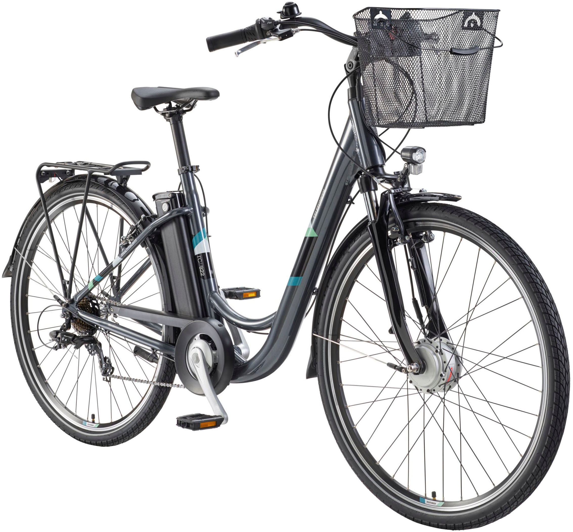 Telefunken E-Bike »Multitalent RC822«, 7 Gang, Shimano, Tourney, Frontmotor 250 W, (ca. 100 km Reichweite-2 V-Bremsen-Beleuchtung-Straßenzulassung), Elektrofahrrad, Damen Herren, 28 Zoll, 36,9 V, 531,3 Wh Akku, Pedelec