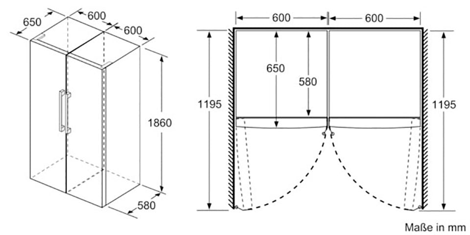 SIEMENS European Side-by-Side iQ300, 186 cm hoch, 120 cm breit, mit Flaschenregal-höhenverstellbare Füße