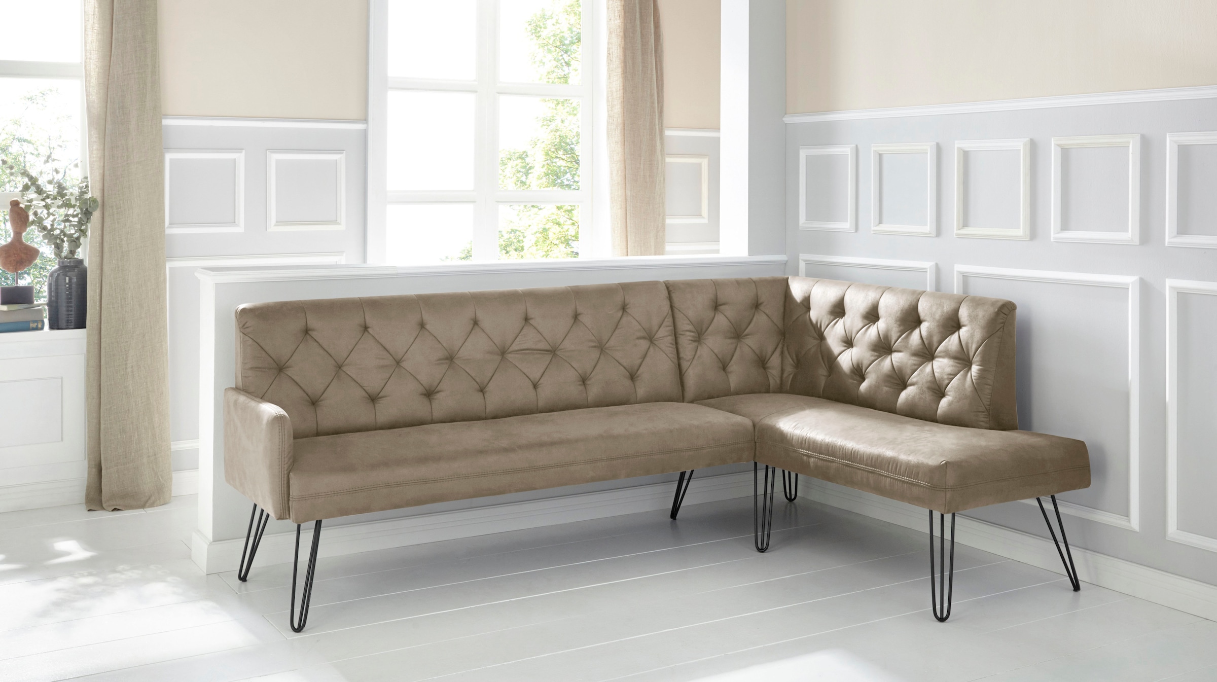exxpo - sofa fashion Eckbank »Doppio, Chesterfield Optik, komfortabel und bequem, hohe Designfüße«, Frei im Raum stellbar